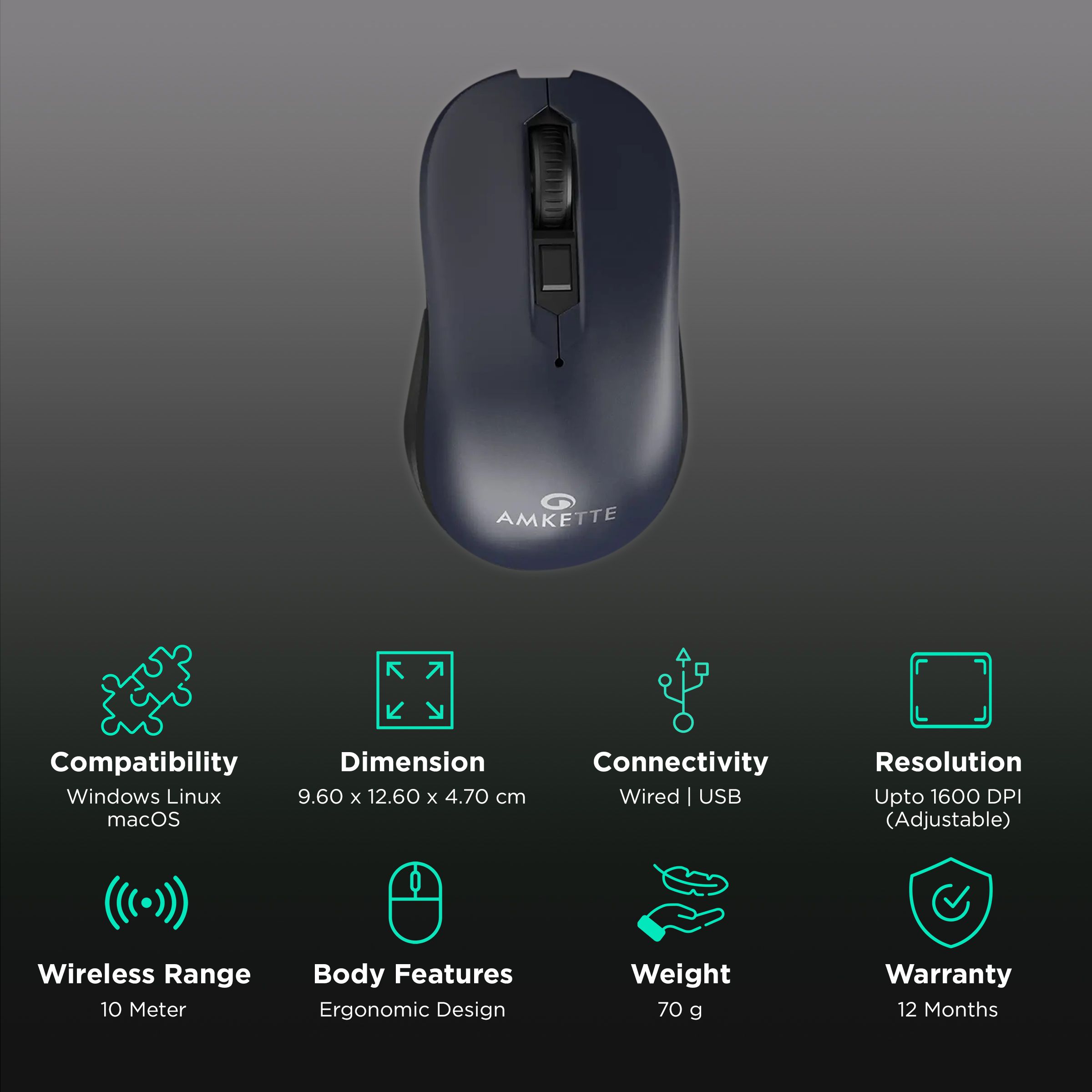 AMKETTE Hush Pro Pixel Wired Optical Gaming Mouse with Silent Click Buttons (1600 DPI Adjustable, Ergonomic Design, Black)_2