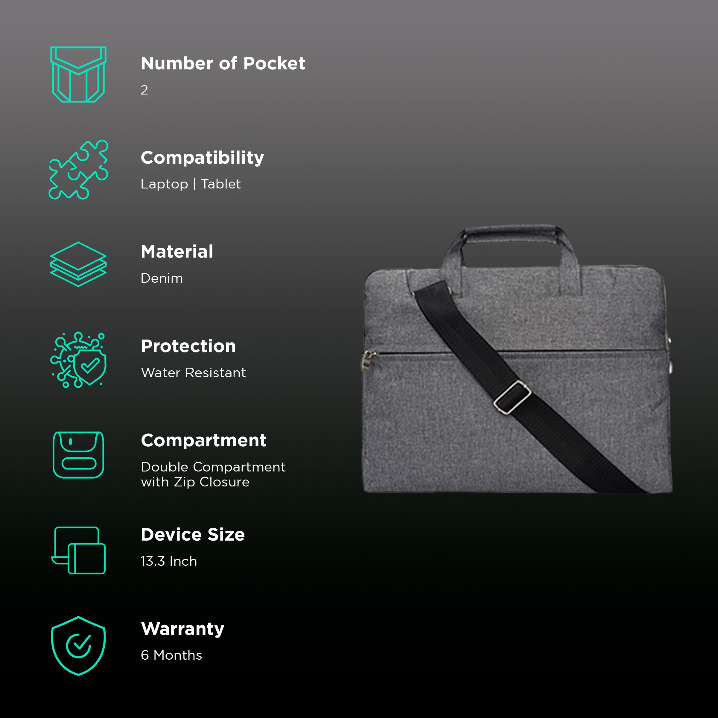 in base Denim Laptop Sling Bag for 13.3 Inch Laptop (Water Resistant, Grey) in base Denim Laptop Sling Bag for 13.3 Inch Laptop (Water Resistant, Grey)_2