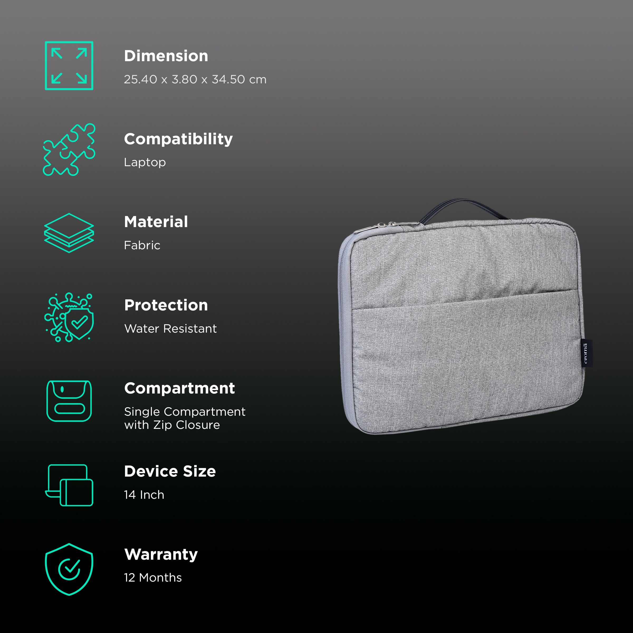 Croma Prime Fabric Laptop Sleeve for 14 Inch Laptop (Water Resistant, Grey)_3