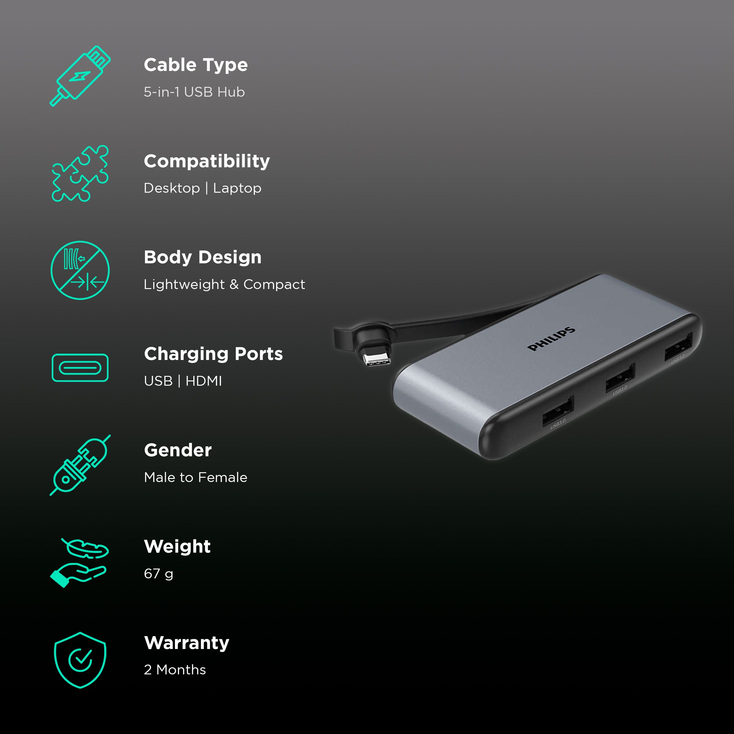 Philips 5-in-1 USB 3.1 Type C to USB 3.0 Type A, USB 3.0 Type C, HDMI Type A USB Hub (5 Gbps Data Transfer Rate, Grey) Philips 5-in-1 USB 3.1 Type C to USB 3.0 Type A, USB 3.0 Type C, HDMI Type A USB Hub (5 Gbps Data Transfer Rate, Grey)_2