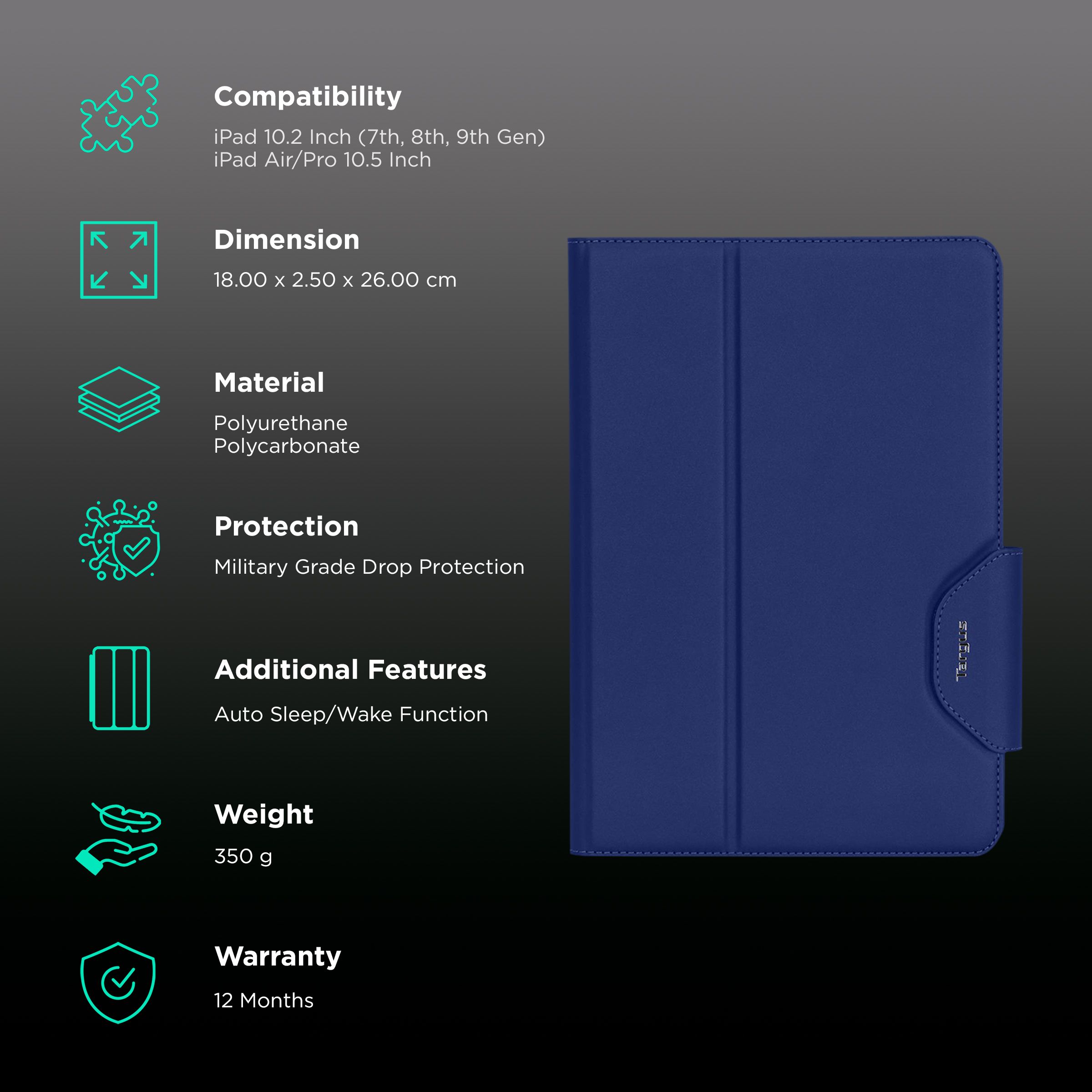 Targus VersaVu Polyurethane, Polycarbonate & Thermoplastic Polyester Flip Cover for Apple iPad 10.2 Inch (7th, 8th, 9th Gen), iPad Air 10.5 Inch, iPad Pro 10.5 Inch (Military Grade Drop Protection, Blue)_2