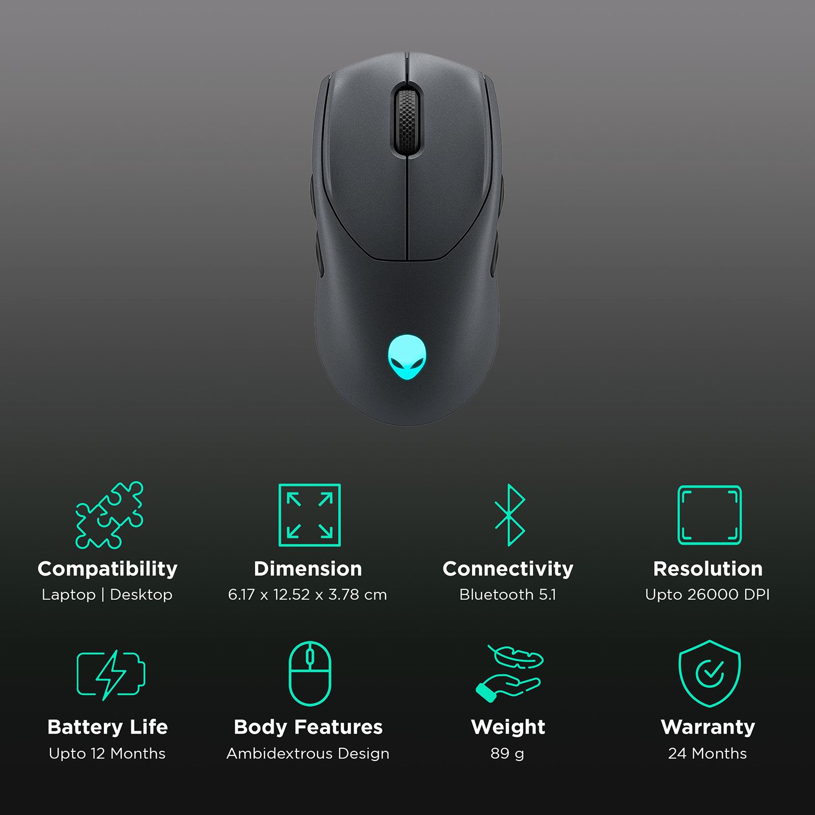 DELL Alienware Rechargeable Wireless Optical Gaming Mouse with Programmable Buttons (26000 dpi, Slimmed Down Design, Dark Side of Moon) DELL Alienware Rechargeable Wireless Optical Gaming Mouse with Programmable Buttons (26000 dpi, Slimmed Down Design, Dark Side of Moon)_2