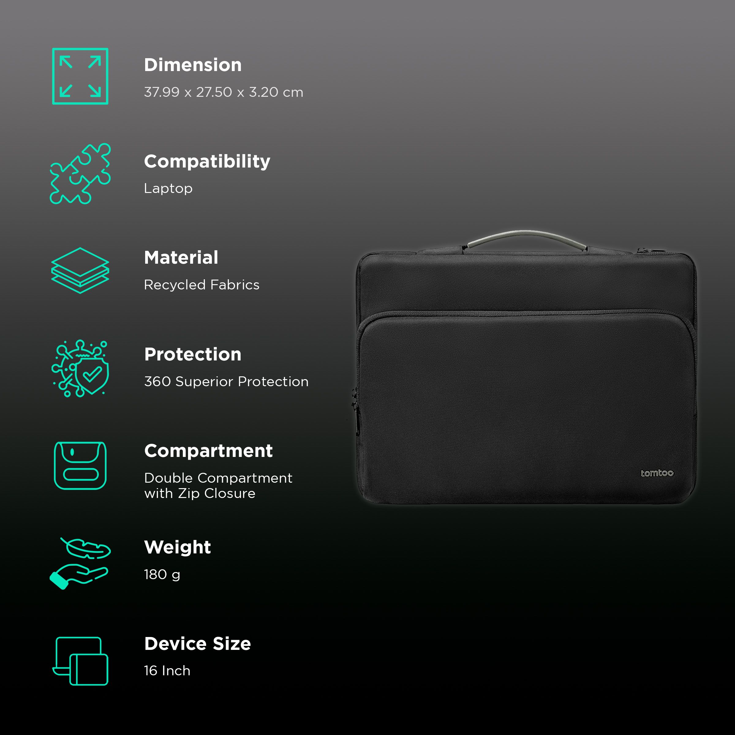 tomtoc Defender Recycled Fabrics Laptop Sleeve for 16 Inch Laptop (360 Superior Protection, Black)_3