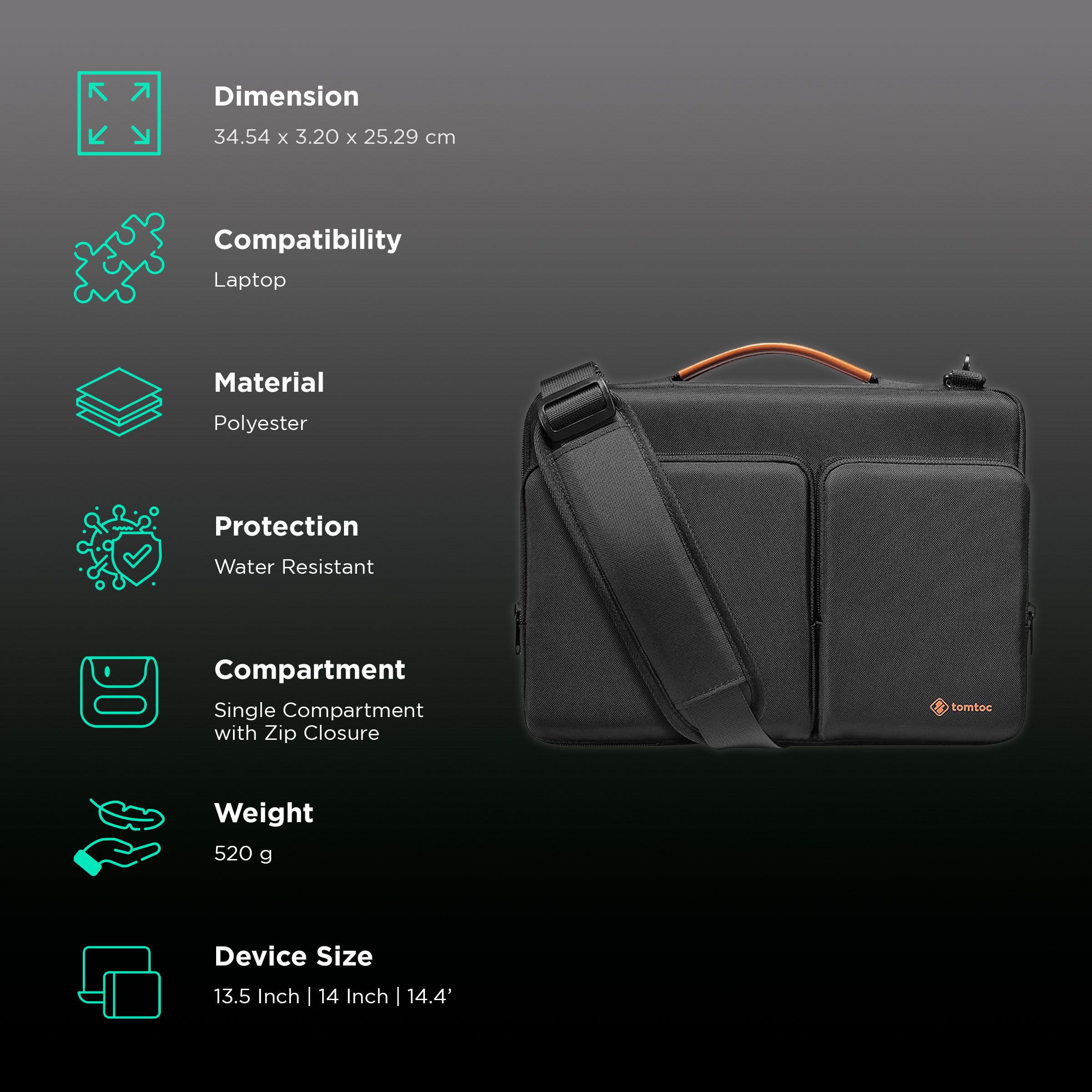 tomtoc Defender Polyester Laptop Sling Bag for 13.5, 14 & 14.4 Inch Laptop (Water Resistant, Black)_3