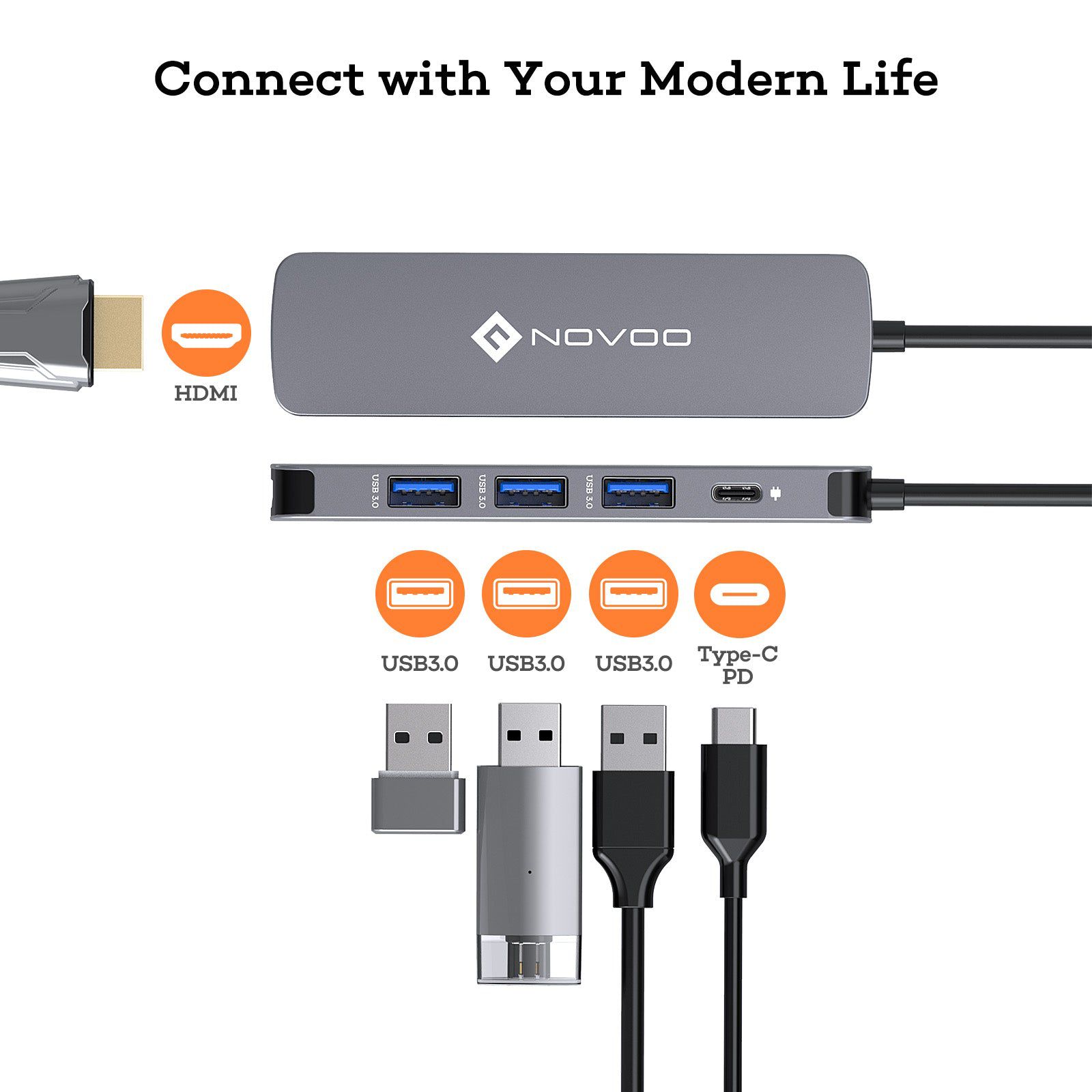 Novoo 5-in-1 USB 3.0 Type C to USB 3.0 Type A, HDMI Type A, USB Type C USB Hub (100 Watt Power Delivery, Grey)_4