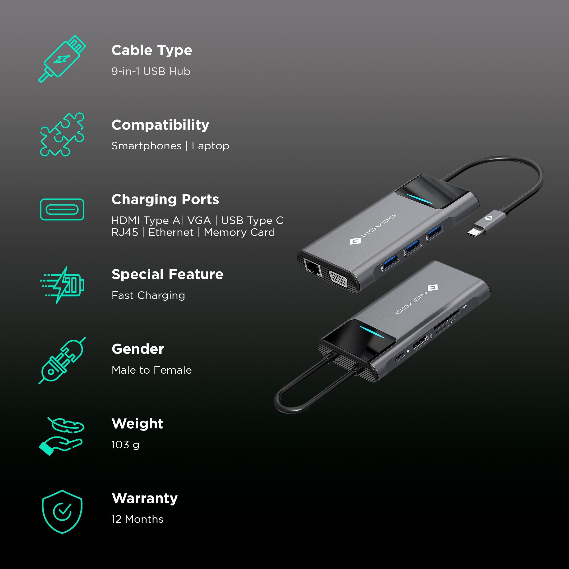 Novoo 9-in-1 USB 3.0 Type C to USB Type C, HDMI Type A, SD Card Slot, TF Card Reader, USB 3.0 Type A, VGA Port, RJ45 USB Hub (Dual Screen Display, Grey) Novoo 9-in-1 USB 3.0 Type C to USB Type C, HDMI Type A, SD Card Slot, TF Card Reader, USB 3.0 Type A, VGA Port, RJ45 USB Hub (Dual Screen Display, Grey)_2