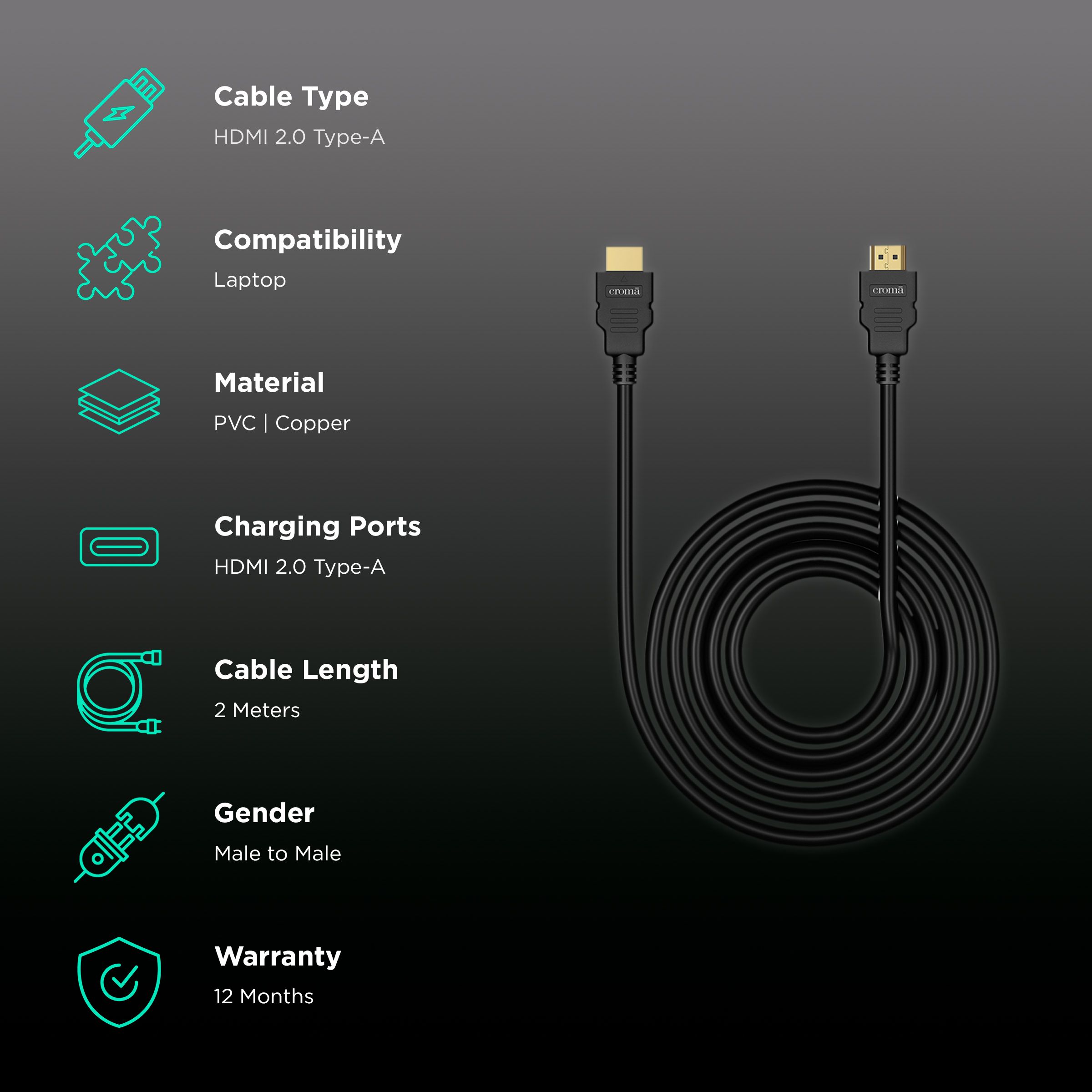 Croma 2.0 Type A to 2.0 Type A 2 Meter HDMI Cable (Support 4K & 3D Video, Black) Croma 2.0 Type A to 2.0 Type A 2 Meter HDMI Cable (Support 4K & 3D Video, Black)_2
