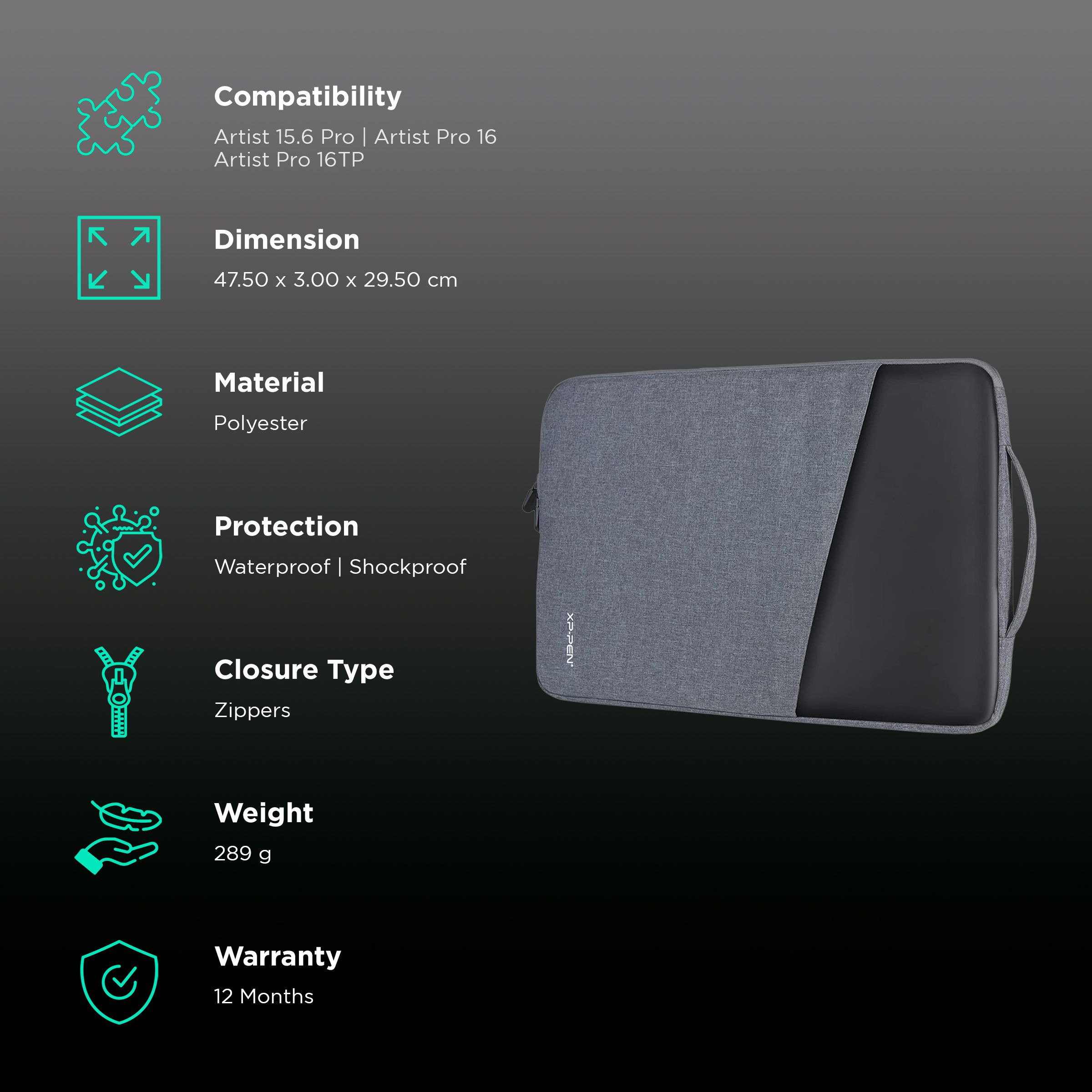 XPPen ACJ03 Polyester Sleeve for 12, 13.3, 15.6, 16 Inch Tablets (Waterproof & Shockproof, Grey)_3