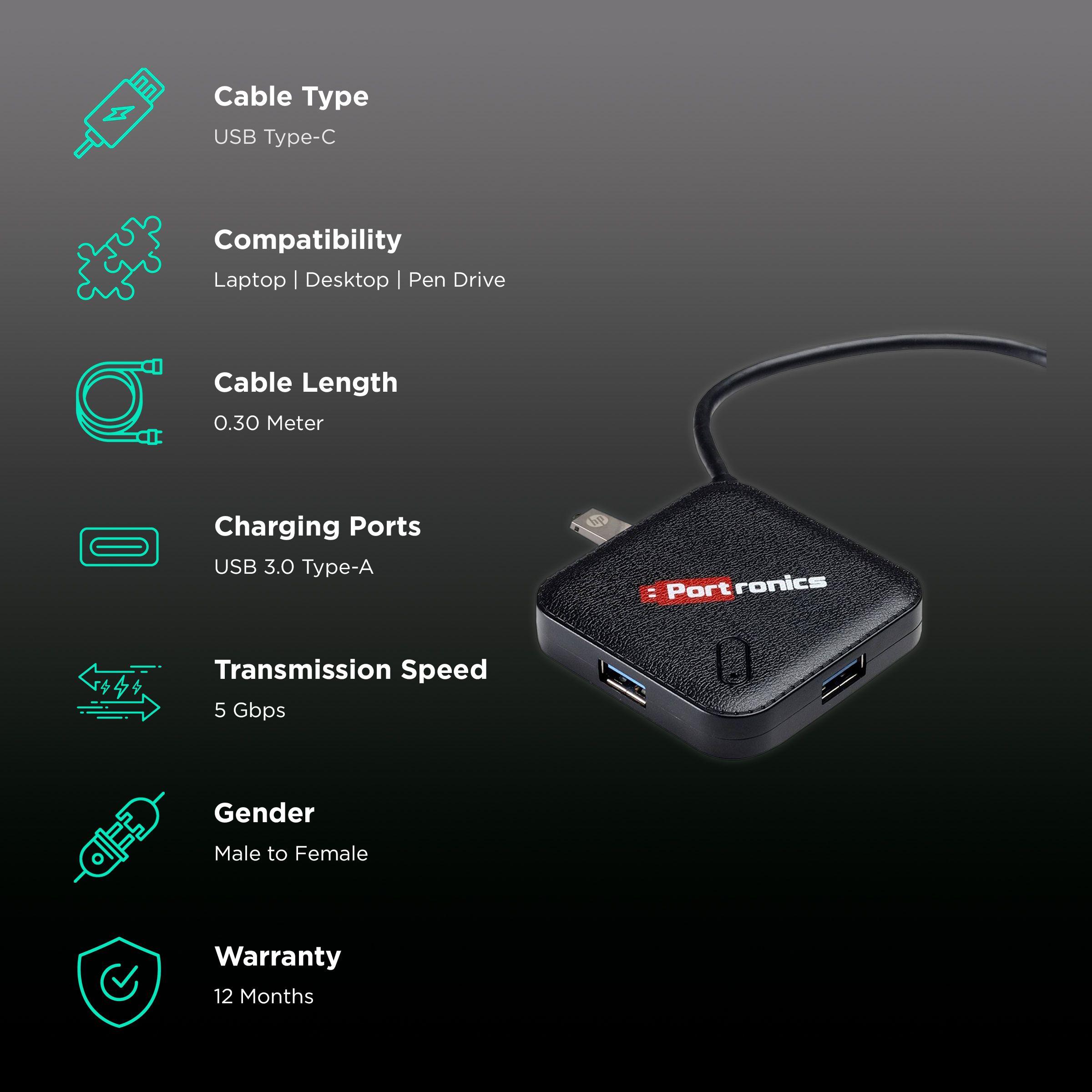 PORTRONICS Mport 34M USB Type C to USB 3.0 Type A USB Hub (Up to 5 Gbps Data Transfer, Black)_2