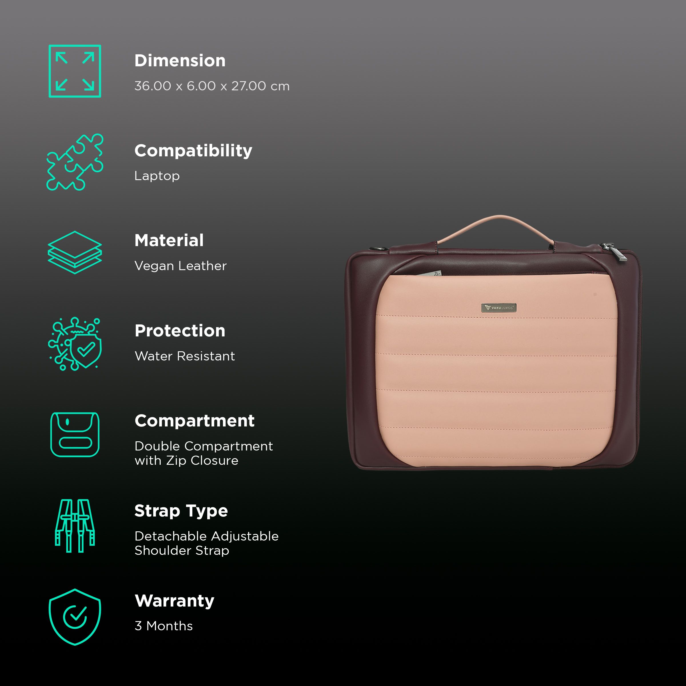 Dr. Vaku Lasa Chivelle Vegan Leather Laptop Sling Bag for 13 & 14 Inch Laptop (Water Resistant, Cherry/Pink)_3