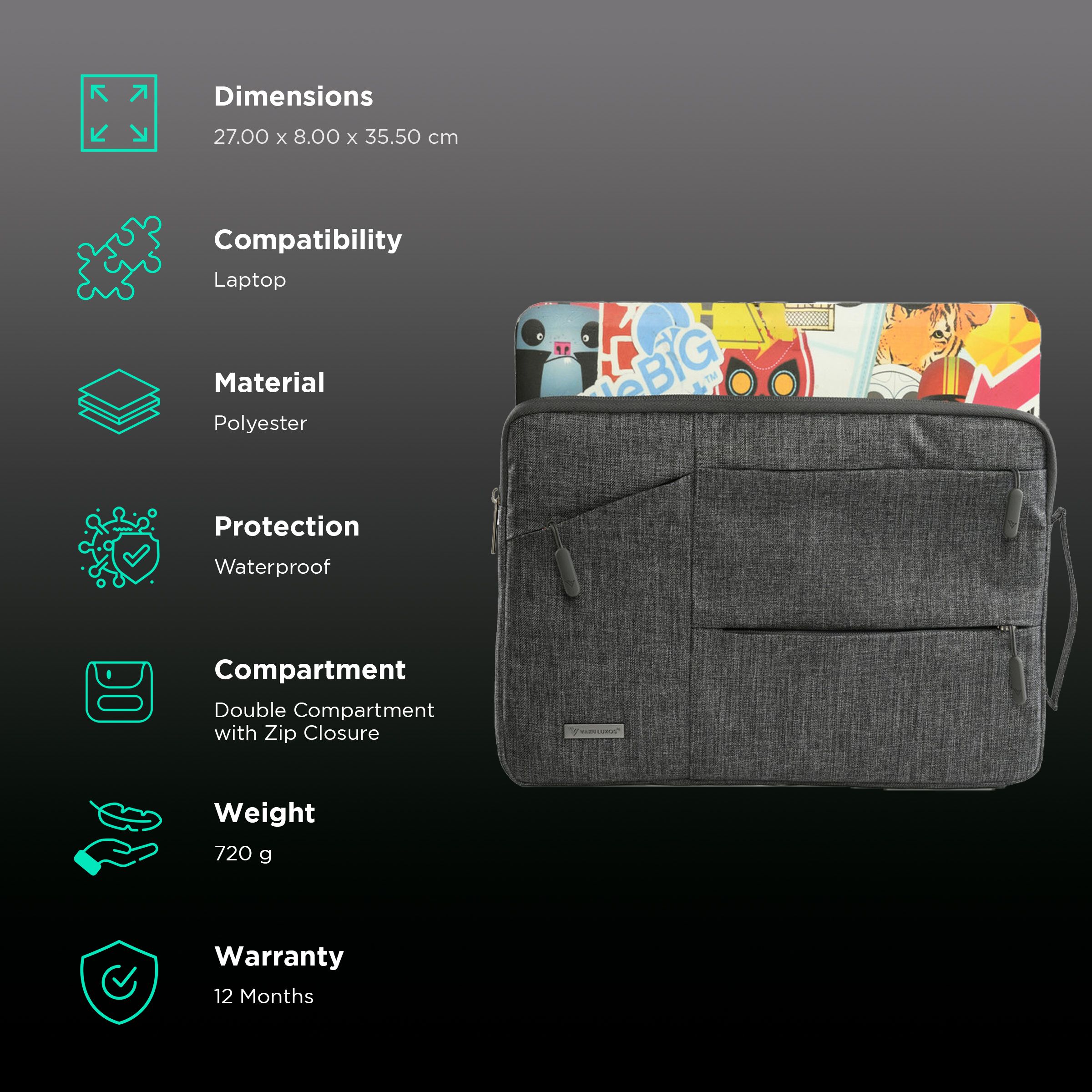 Dr. Vaku Geuite Series Polyester Fabric Laptop Sleeve for 14 Inch Laptop (6 L, Water Repellent, Grey) Dr. Vaku Geuite Series Polyester Fabric Laptop Sleeve for 14 Inch Laptop (6 L, Water Repellent, Grey)_2