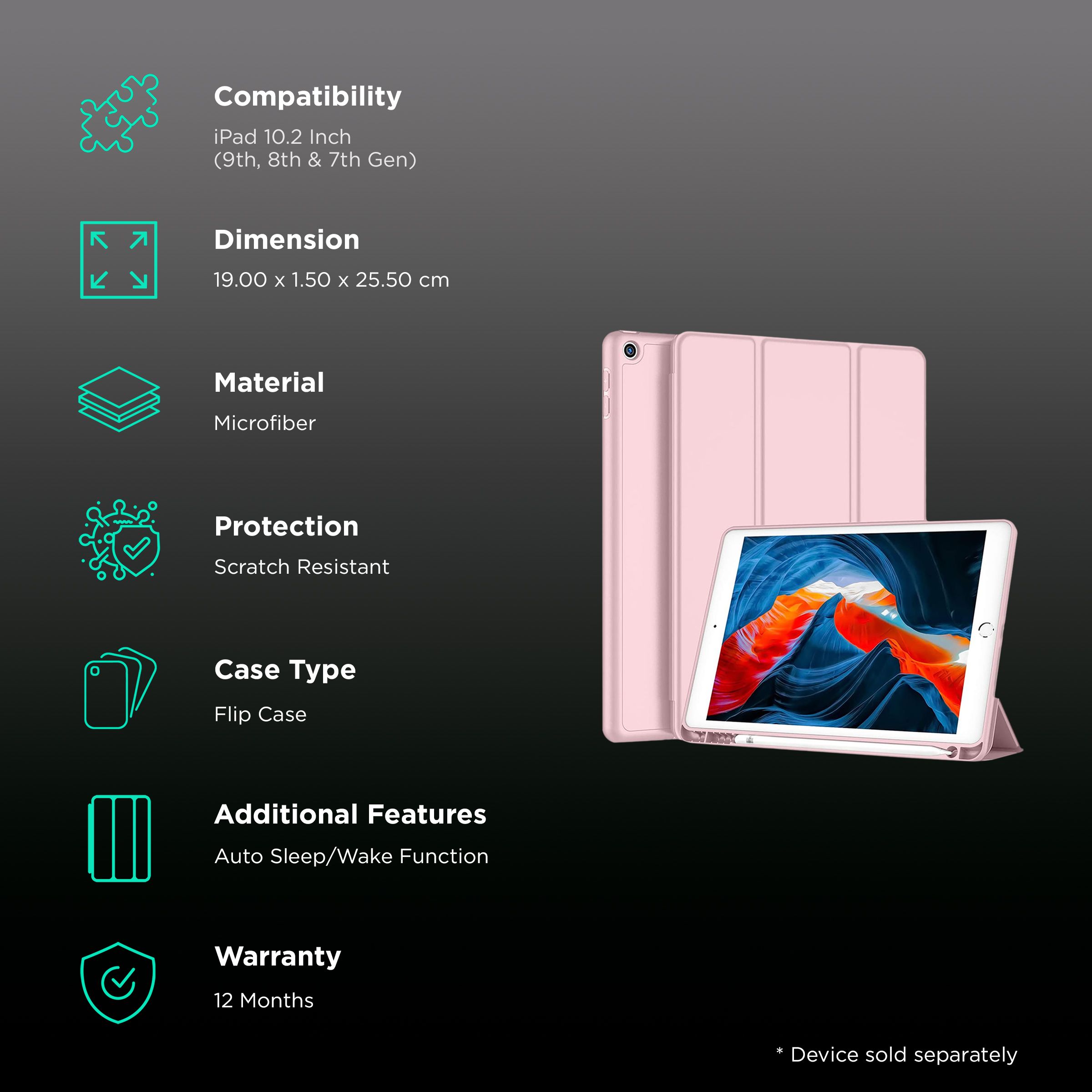 Vaku Stallion Series Microfiber Flip Cover for Apple iPad 10.2 Inch (7th, 8th, 9th Gen) (Built-in Pencil Holder, Pink)_2
