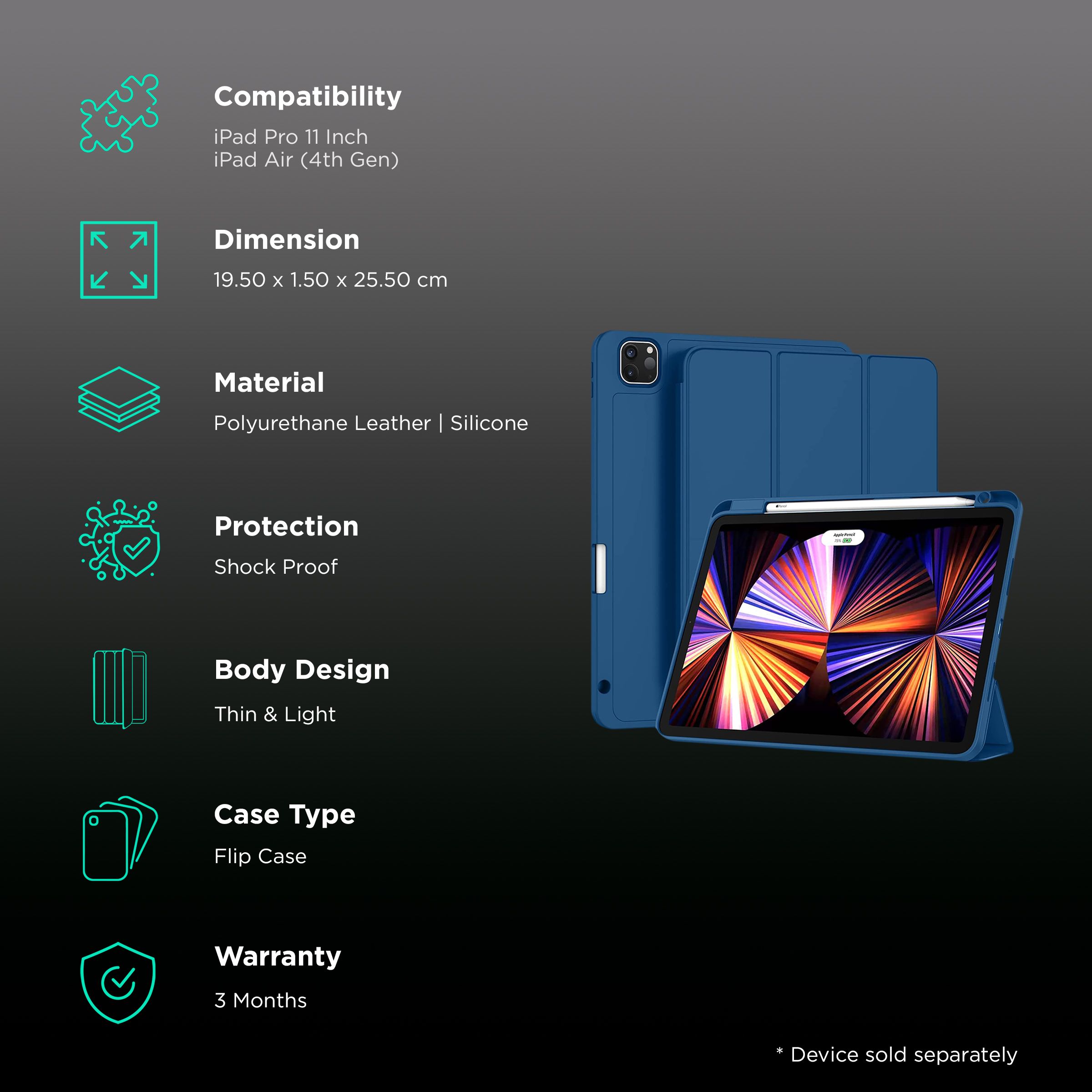 Vaku Stallion Trifold Polyurethane Leather, Silicone Flip Cover for Apple iPad Pro 11 Inch, iPad Air (4th Gen) (Wireless Charging Support, Blue) Vaku Stallion Trifold Polyurethane Leather, Silicone Flip Cover for Apple iPad Pro 11 Inch, iPad Air (4th Gen) (Wireless Charging Support, Blue)_2