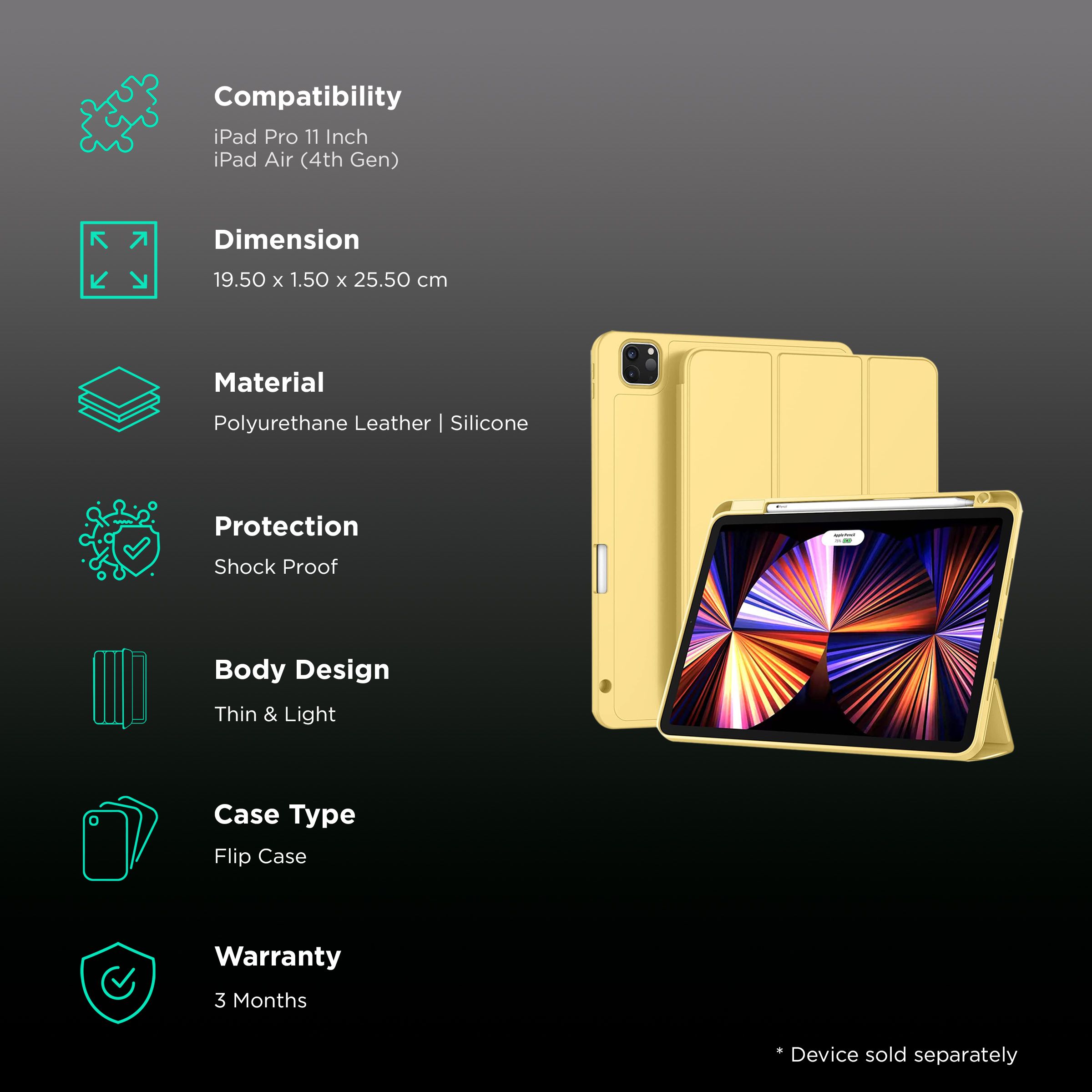 VAKU LUXOS Stallion Trifold Polyurethane Leather, Silicone Flip Cover for Apple iPad Pro 11 Inch, iPad Air (4th Gen) (Wireless Charging Support, Yellow) VAKU LUXOS Stallion Trifold Polyurethane Leather, Silicone Flip Cover for Apple iPad Pro 11 Inch, iPad Air (4th Gen) (Wireless Charging Support, Yellow)_2