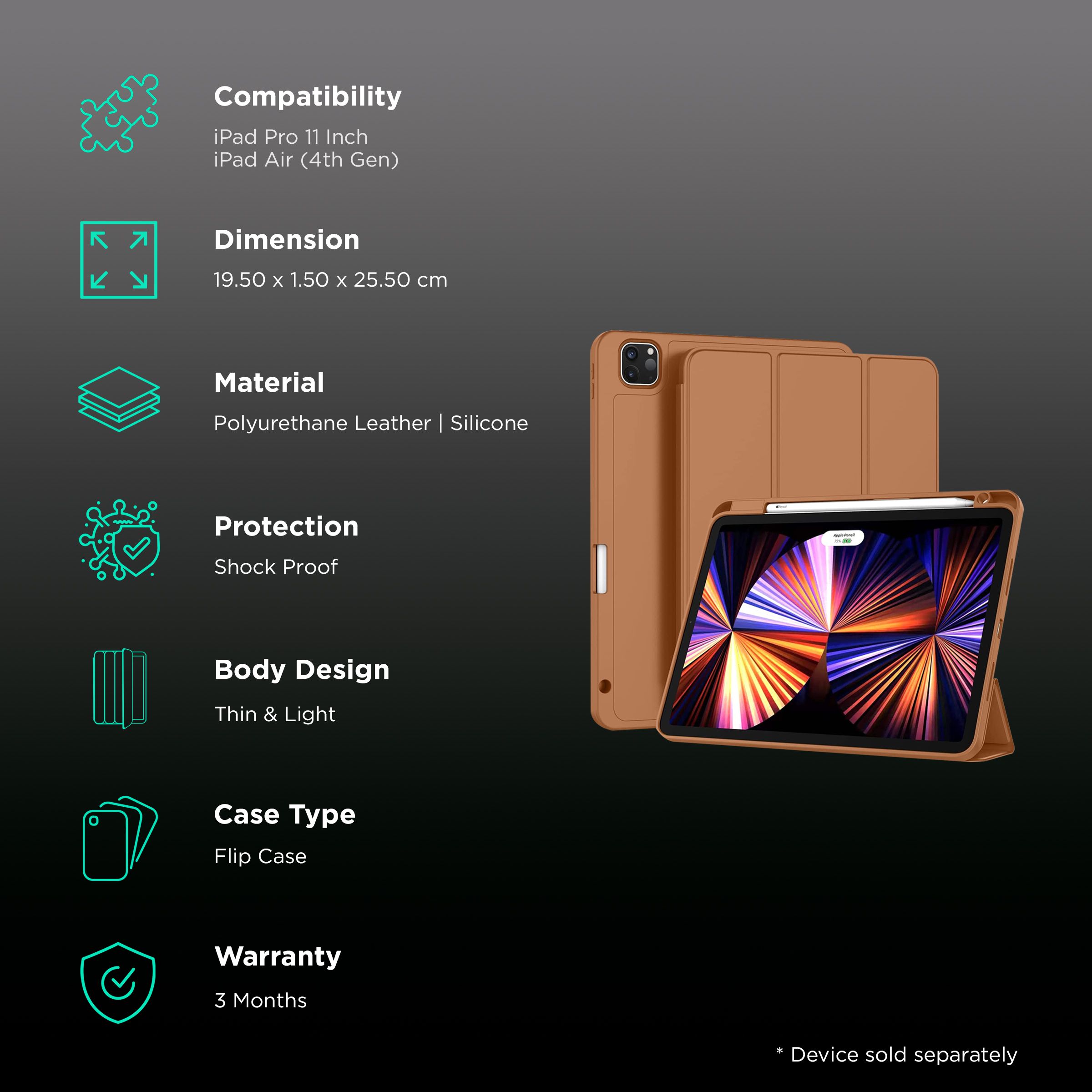 Vaku Stallion Trifold Polyurethane Leather, Silicone Flip Cover for Apple iPad Pro 11 Inch, iPad Air (4th Gen) (Wireless Charging Support, Brown) Vaku Stallion Trifold Polyurethane Leather, Silicone Flip Cover for Apple iPad Pro 11 Inch, iPad Air (4th Gen) (Wireless Charging Support, Brown)_2