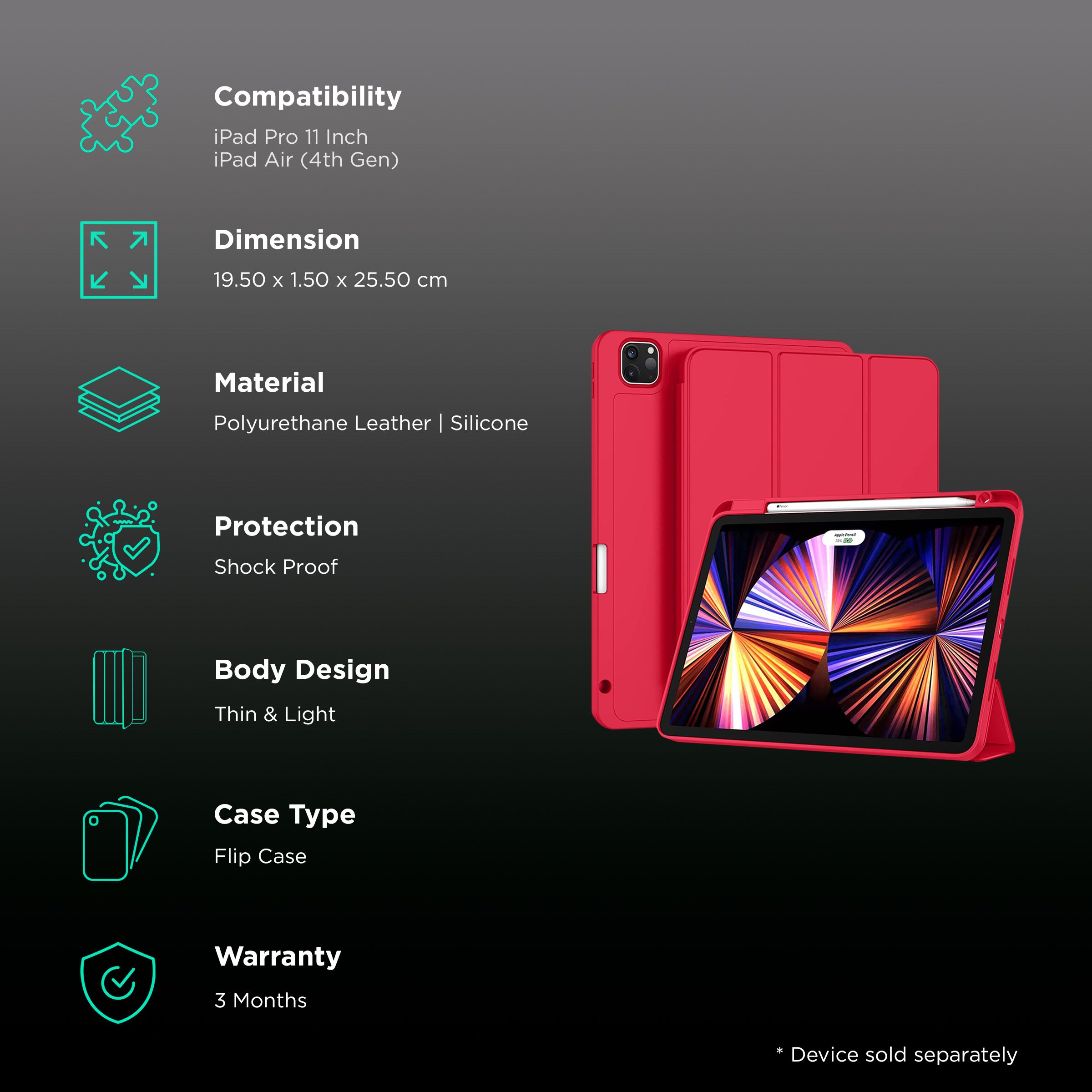 Vaku Stallion Trifold Polyurethane Leather, Silicone Flip Cover for Apple iPad Pro 11 Inch, iPad Air (4th Gen) (Wireless Charging Support, Red)_2