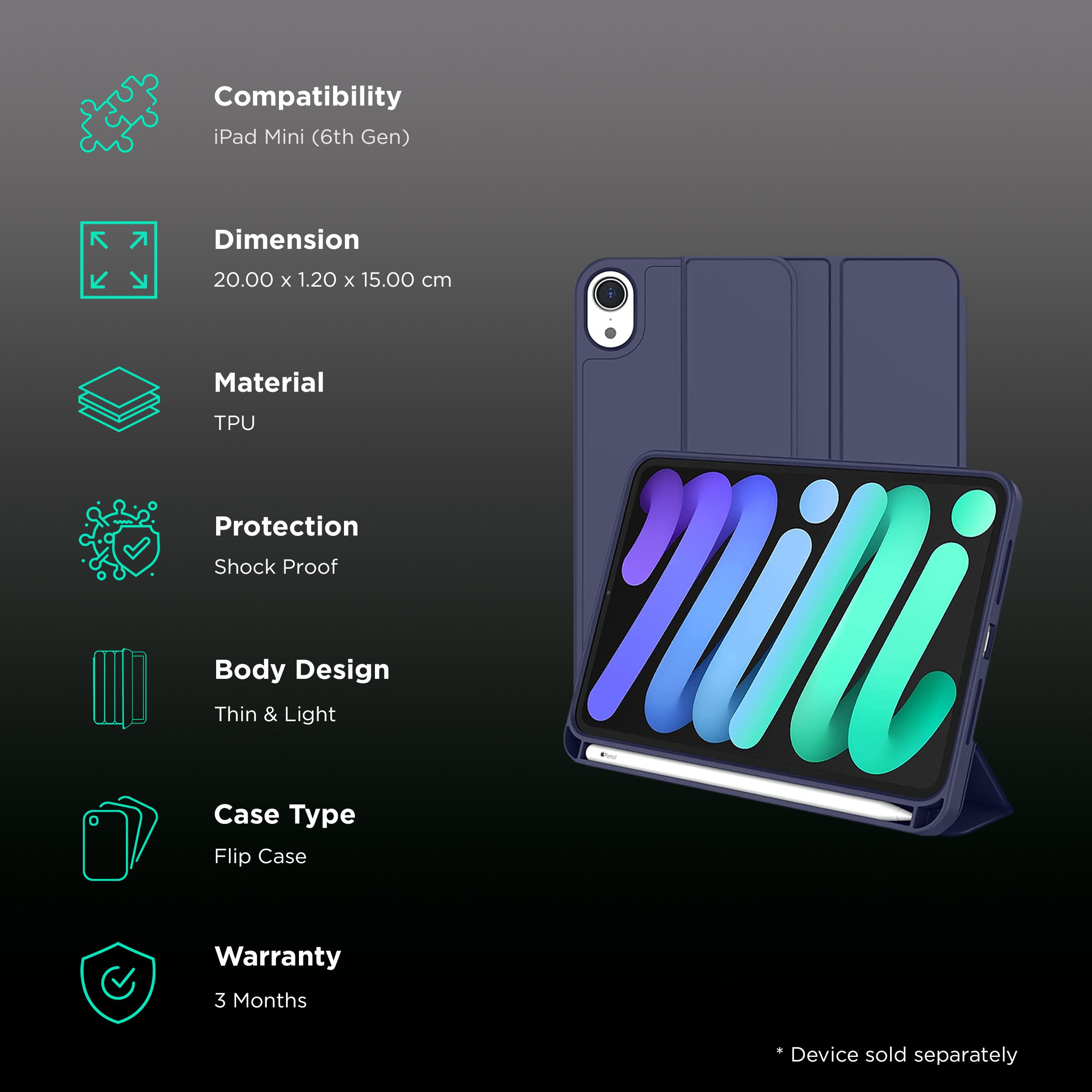 Vaku Stallion Trifold TPU Flip Cover for Apple iPad Mini (6th Gen) (Wireless Charging Support, Blue) Vaku Stallion Trifold TPU Flip Cover for Apple iPad Mini (6th Gen) (Wireless Charging Support, Blue)_2