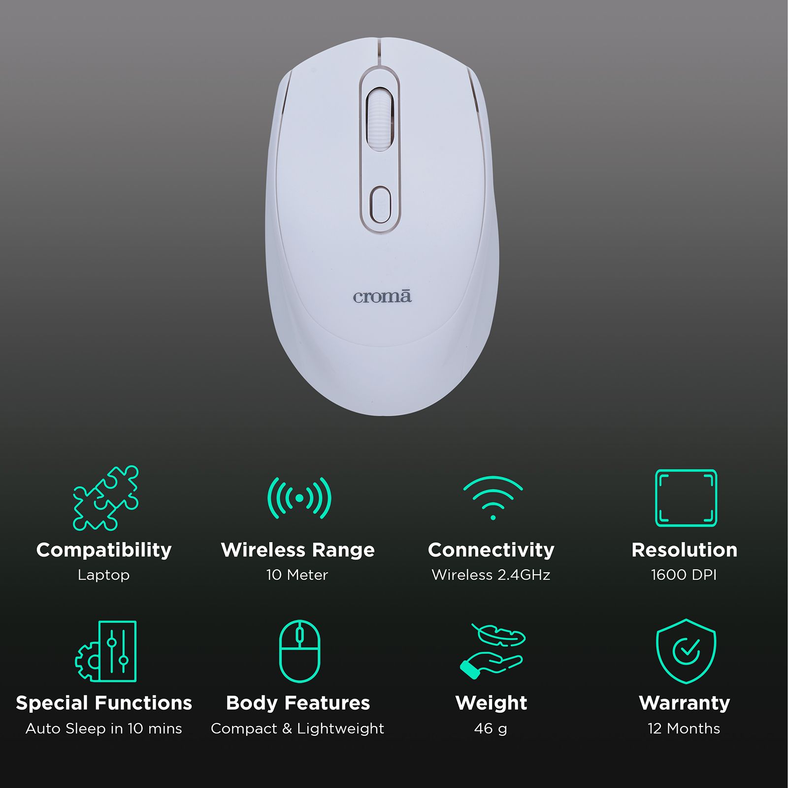 Croma Optical Wireless Mouse (1600 DPI, Compact & Lightweight Design, White)_2