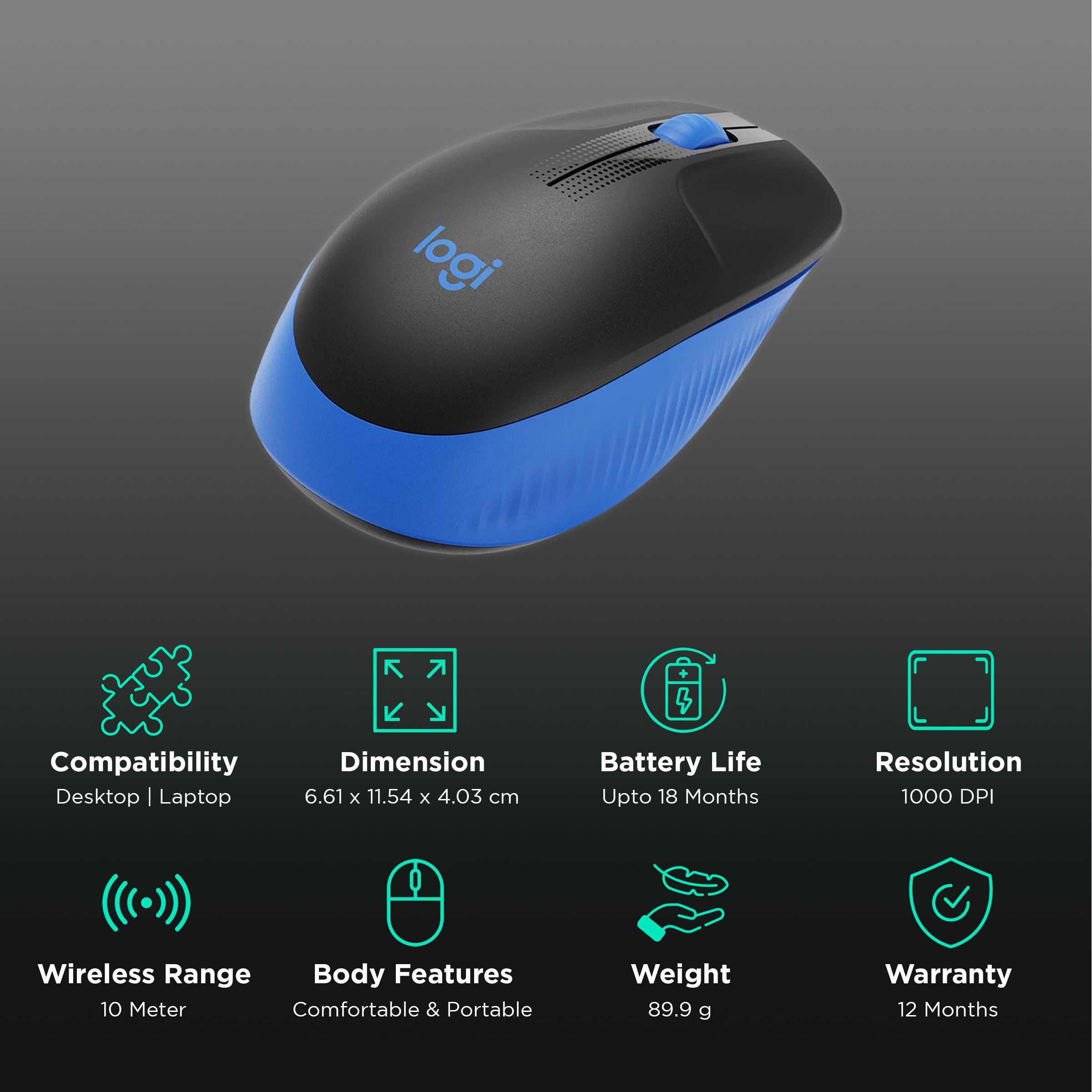 logitech M190 Wireless Optical Mouse (1000 DPI, Scooped Buttons, Blue) logitech M190 Wireless Optical Mouse (1000 DPI, Scooped Buttons, Blue)_2