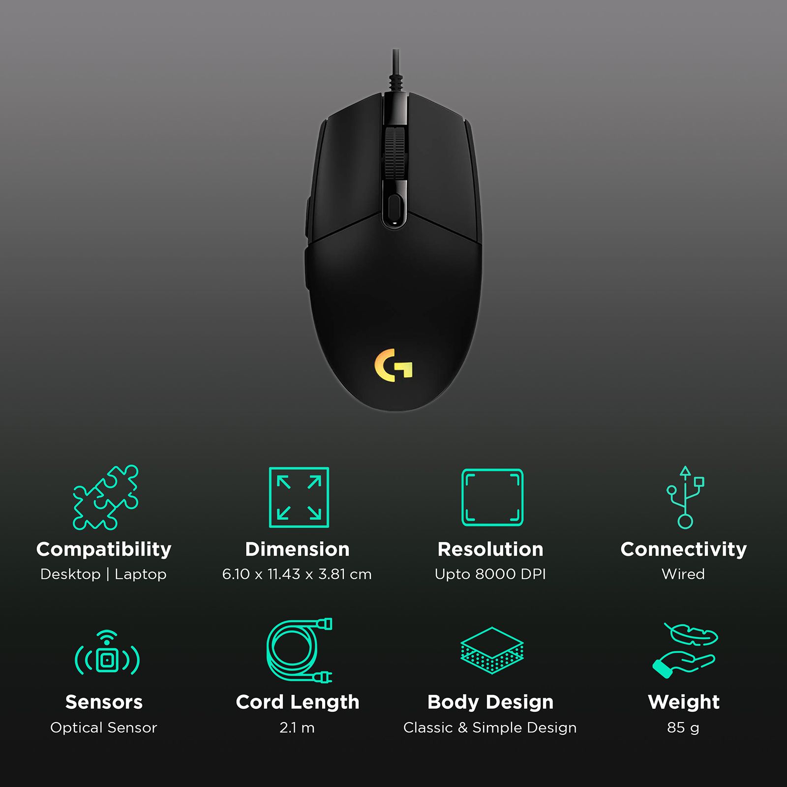 logitech G203 Wired Mouse with Customizable Buttons (8000 DPI, LED Lights, Black)_2