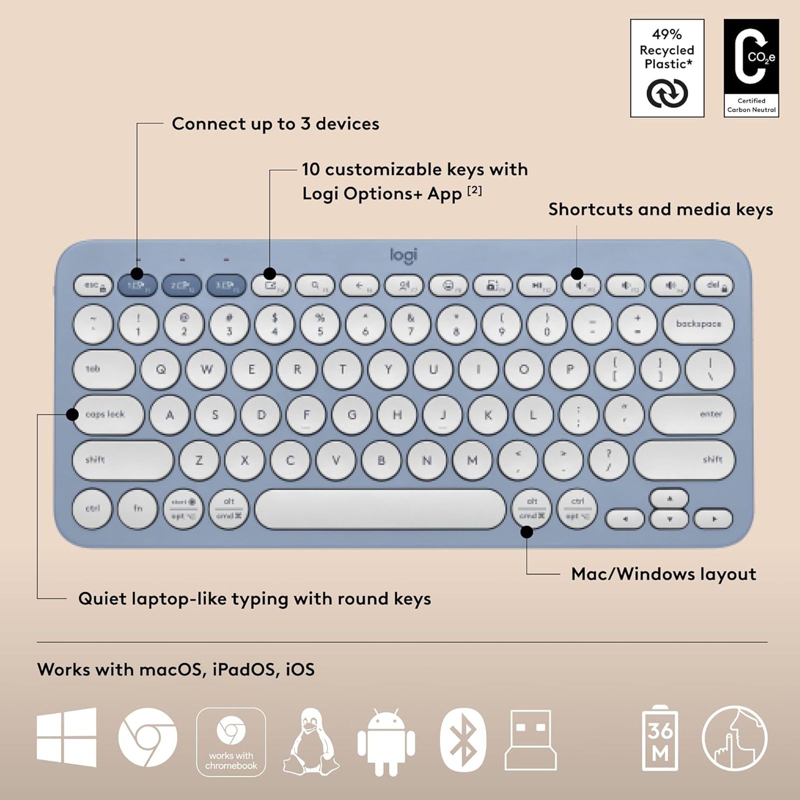 logitech Pebble 2 Wireless Keyboard and Mouse Combo (Quiet and Customizable, Tonal Blue)_2