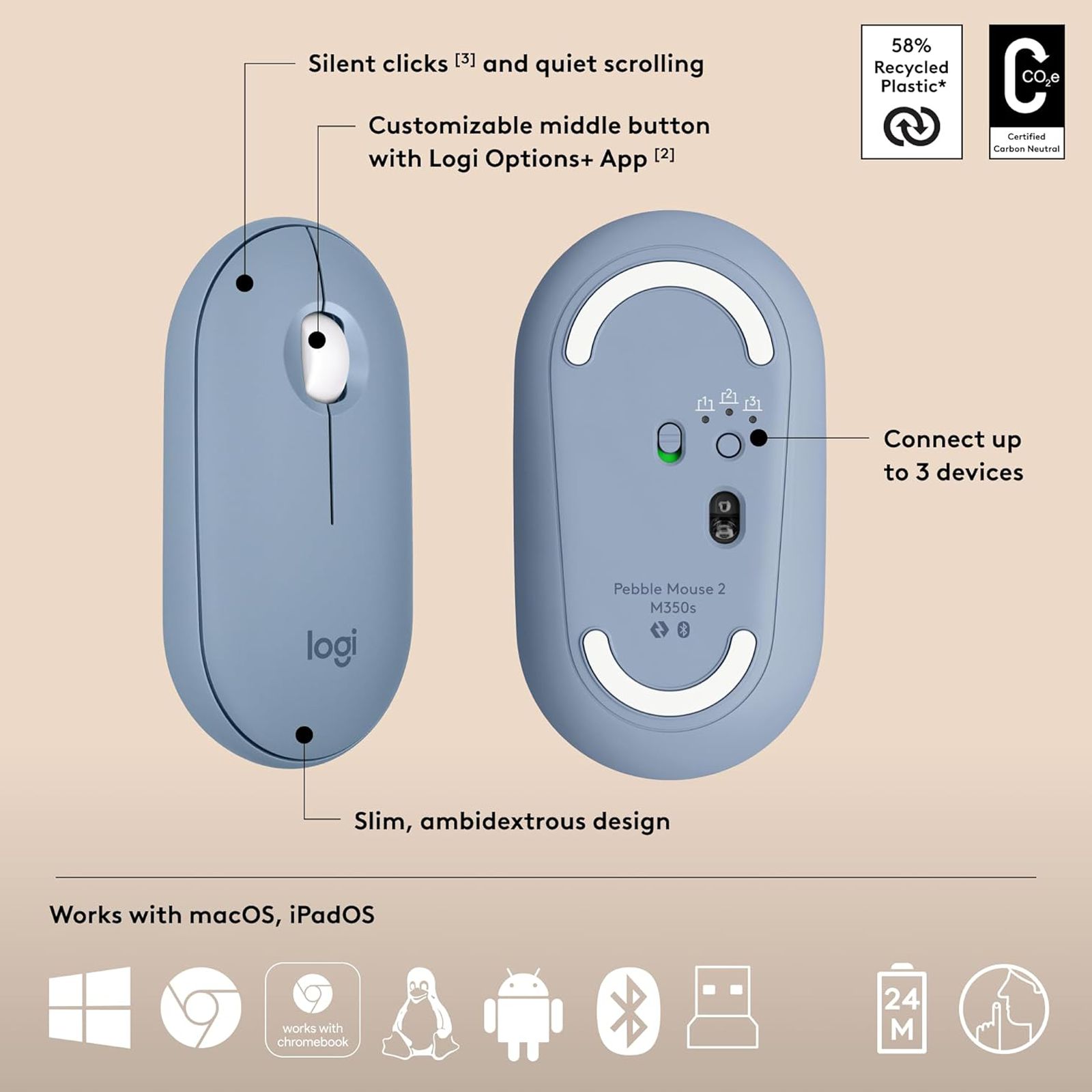 logitech Pebble 2 Wireless Keyboard and Mouse Combo (Quiet and Customizable, Tonal Blue)_3