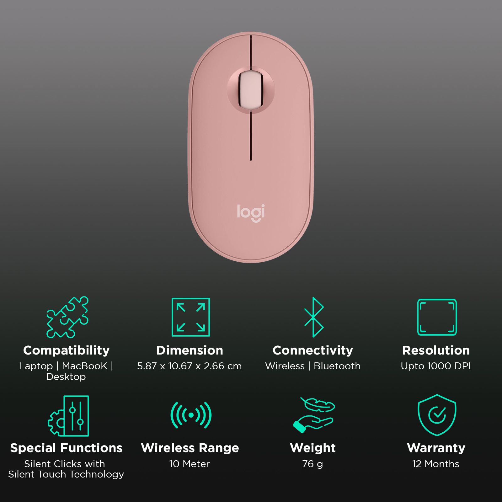 logitech Pebble Mouse 2 Wireless Optical Mouse with Silent Click Buttons (1000 DPI, Ultra Portable, Tonal Rose) logitech Pebble Mouse 2 Wireless Optical Mouse with Silent Click Buttons (1000 DPI, Ultra Portable, Tonal Rose)_2