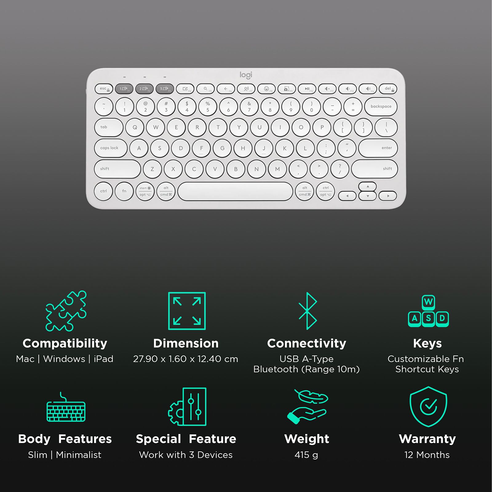 logitech Pebble Keys 2 Bluetooth Wireless Keyboard with Multi Device Pairing (10 Customizable Keys, Tonal White)_2