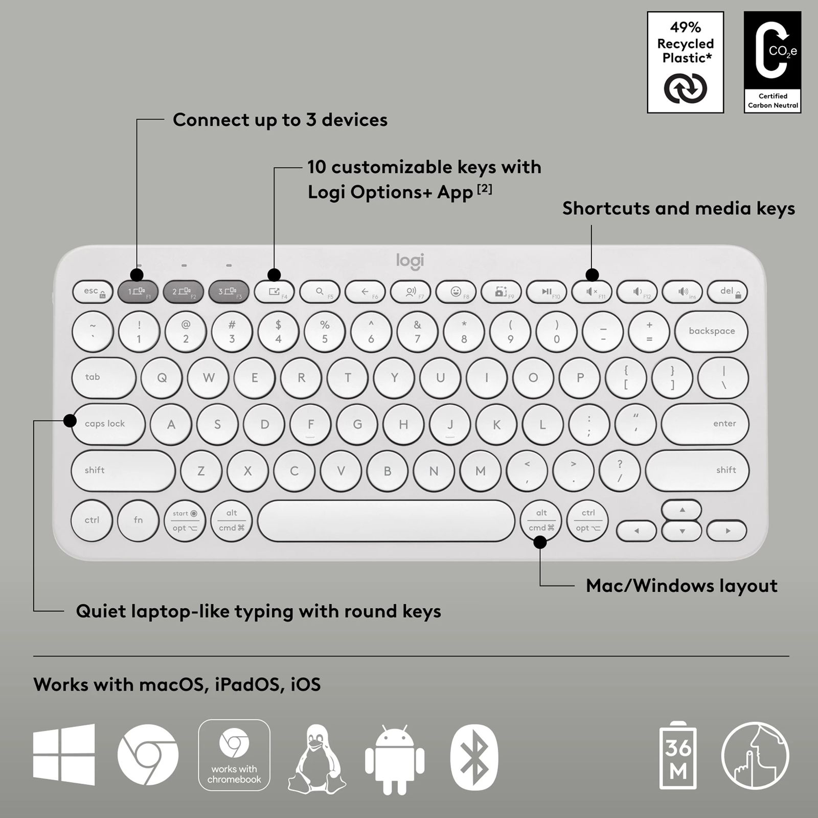 logitech Pebble Keys 2 Bluetooth Wireless Keyboard with Multi Device Pairing (10 Customizable Keys, Tonal White)_6