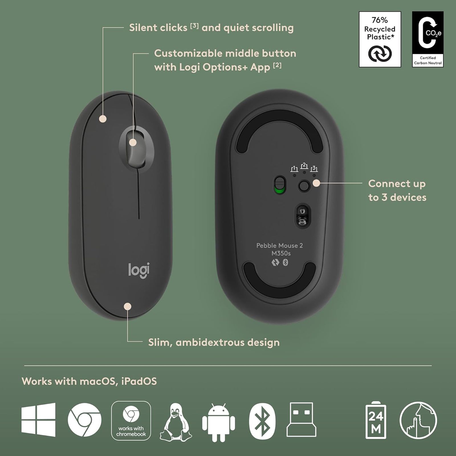 logitech Pebble 2 Wireless Keyboard and Mouse Combo (Multi-Device Pairing, 4000 DPI Adjustable, Graphite)_3