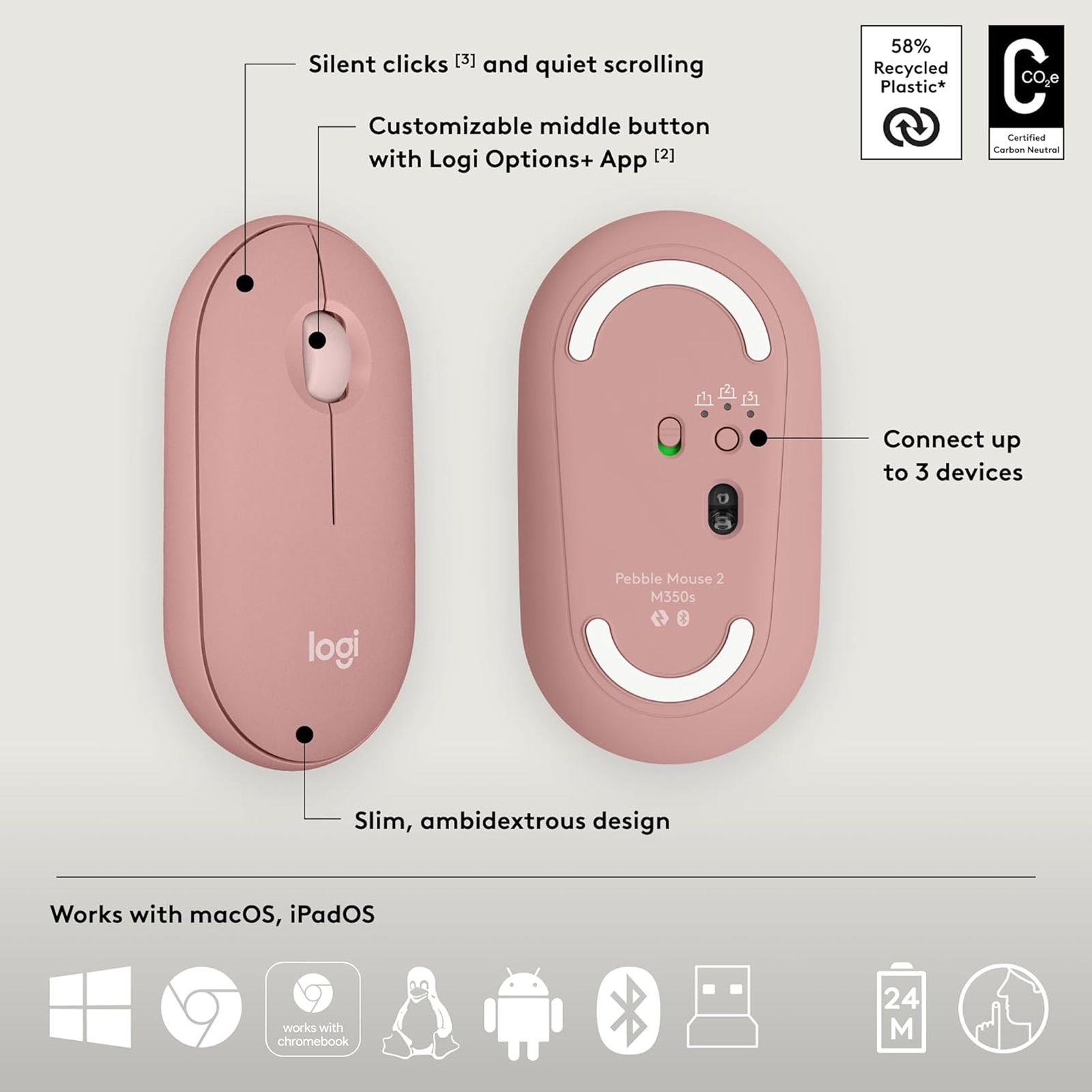 logitech Pebble 2 Wireless Keyboard and Mouse Combo (Silent Touch Technology, Tonal Rose) logitech Pebble 2 Wireless Keyboard and Mouse Combo (Silent Touch Technology, Tonal Rose)_3