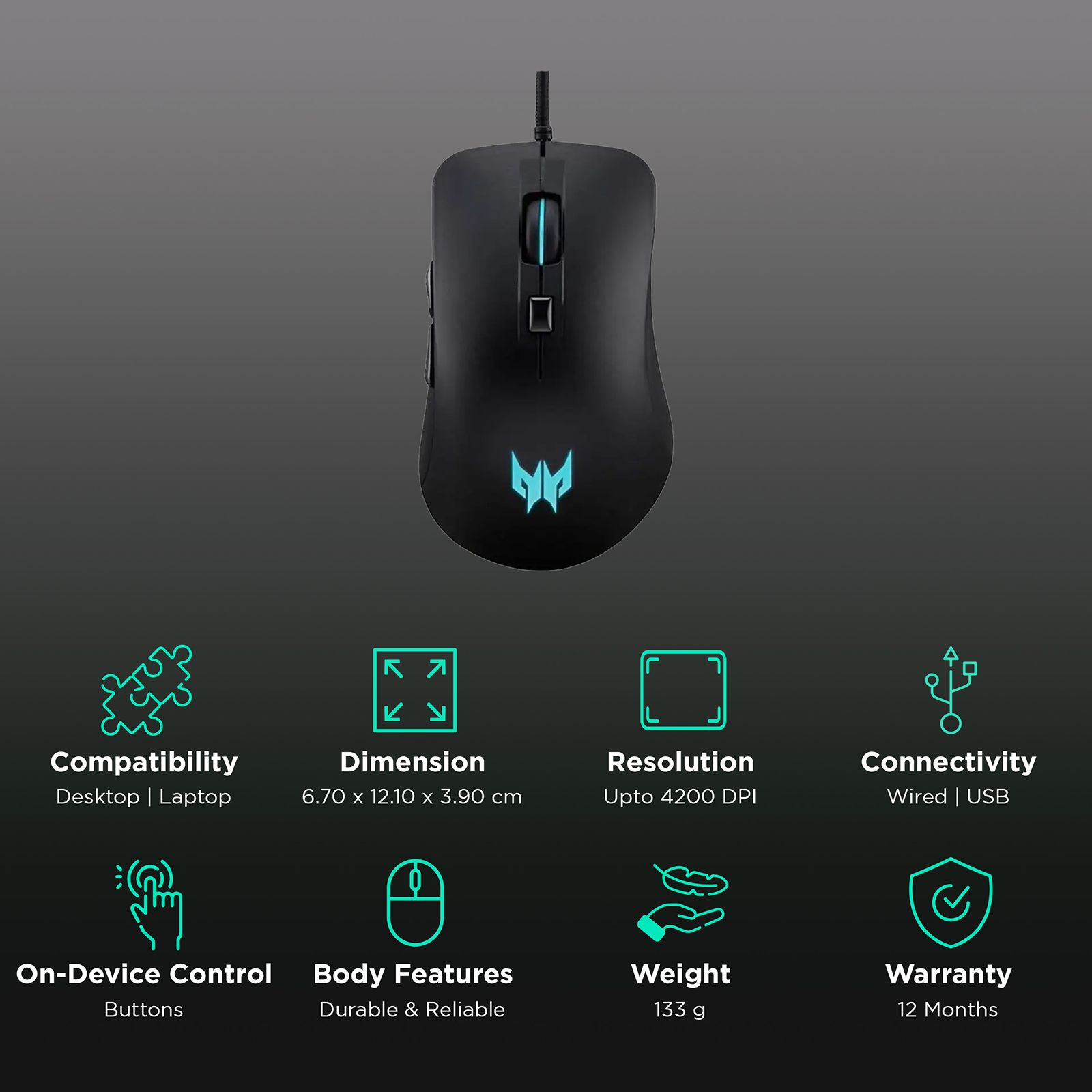 acer Predator Cestus 310 Wired Optical Mouse with 4 Preset Color Settings (4200 DPI, 10 Million Clicks, Black)_2
