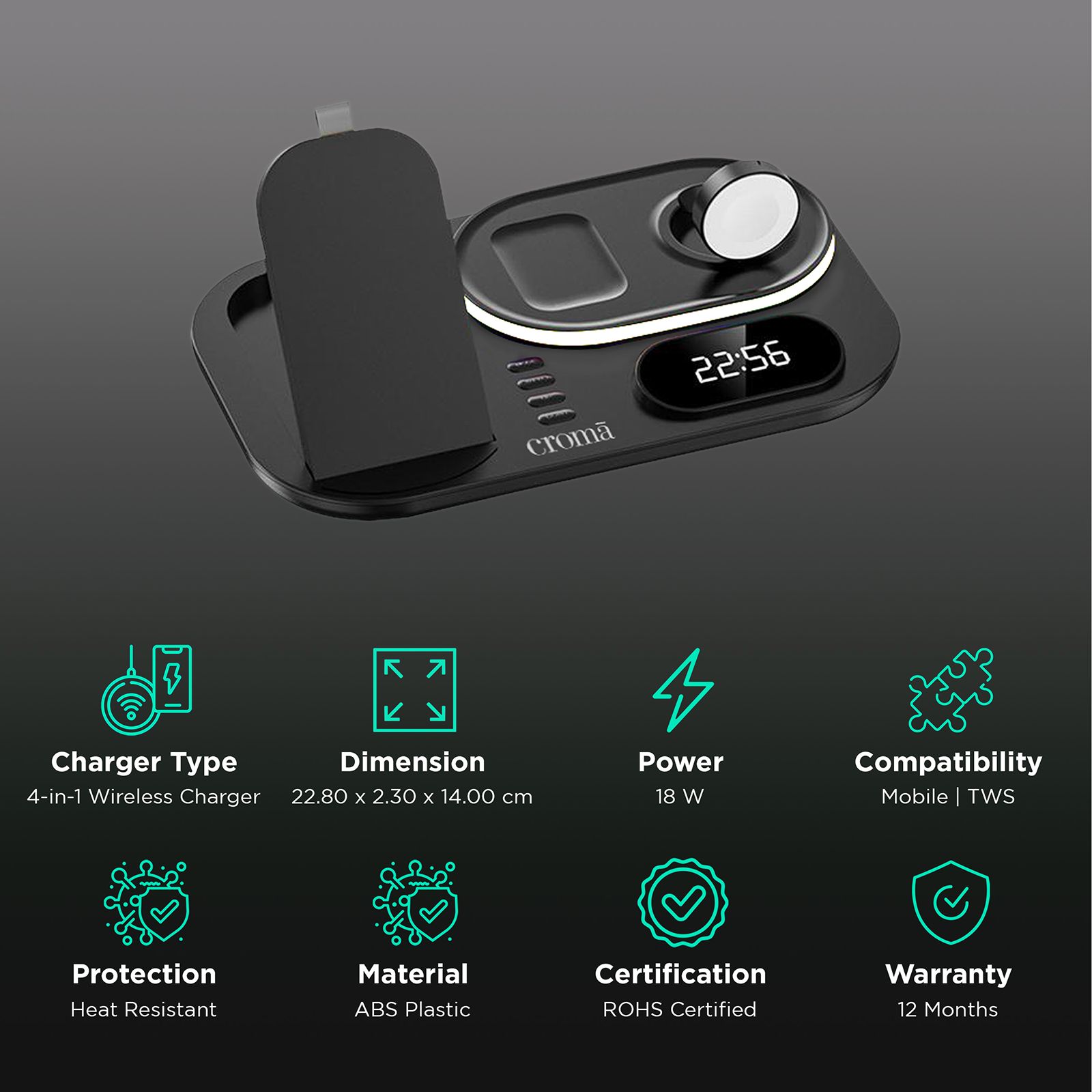Croma 15W 4-in-1 Wireless Charger for iPhone 14, 14 Pro, 15, 15 Pro (Heat Resistant, Black) Croma 15W 4-in-1 Wireless Charger for iPhone 14, 14 Pro, 15, 15 Pro (Heat Resistant, Black)_2