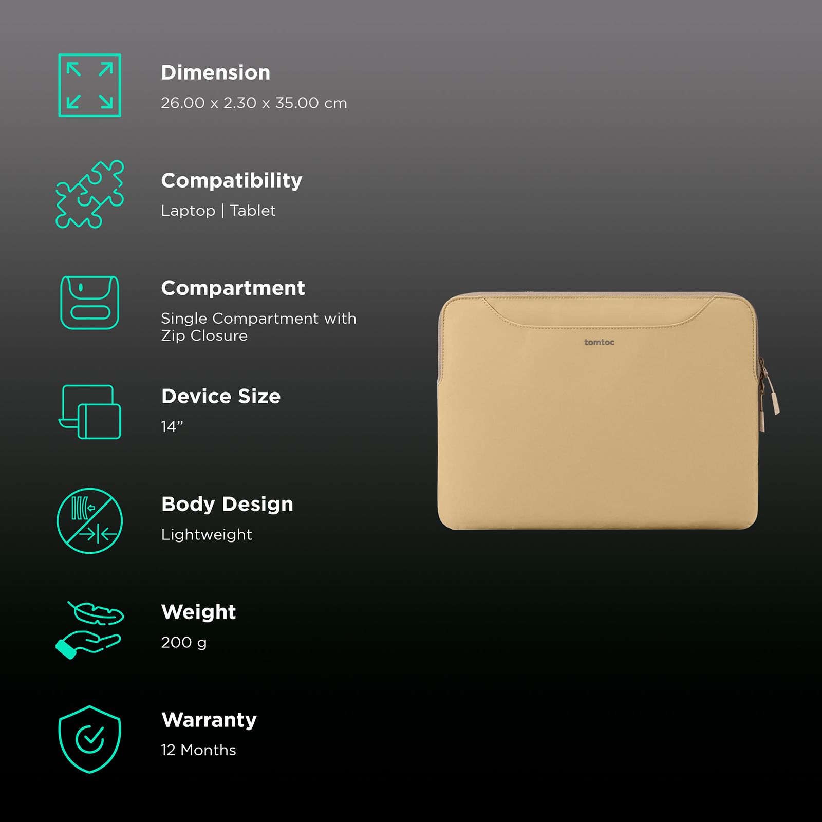 tomtoc A21 Laptop Sleeve for 14 Inch Laptop (Large Front Pockets, Cookie)_2