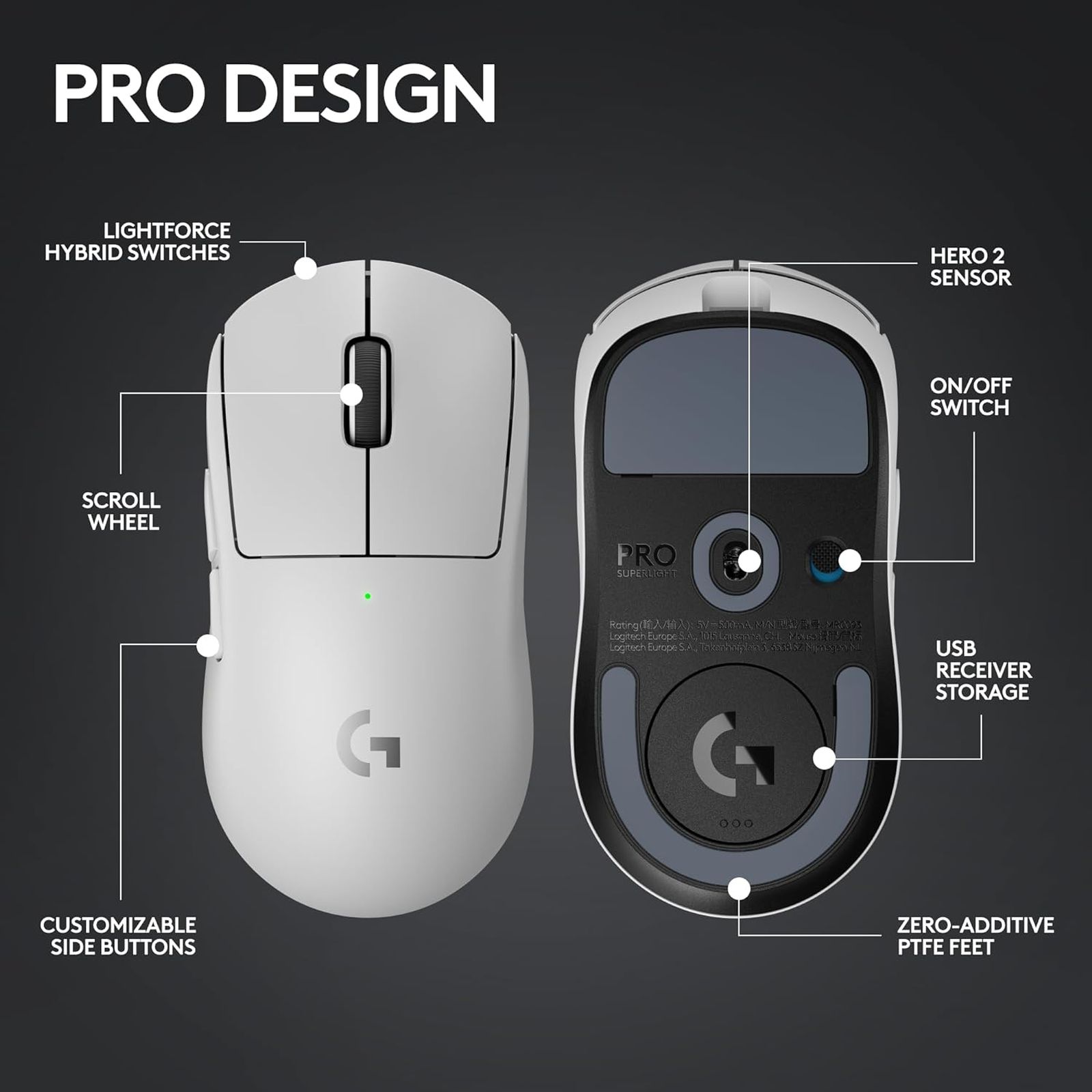logitech Pro X Superlight 2 Rechargeable Wireless Optical Gaming Mouse with Lightforce Hybrid Switches (32000 DPI Adjustable, No Additive PTFE Feet, White)_7