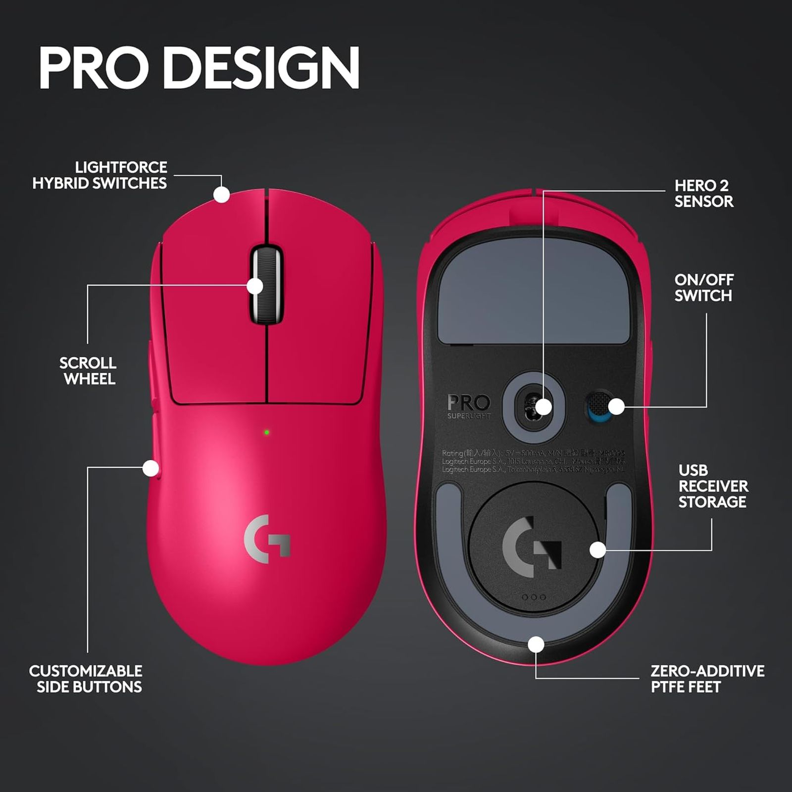 logitech Pro X Superlight 2 Rechargeable Wireless Optical Gaming Mouse with Lightforce Hybrid Switches (32000 DPI Adjustable, No Additive PTFE Feet, Pink)_15