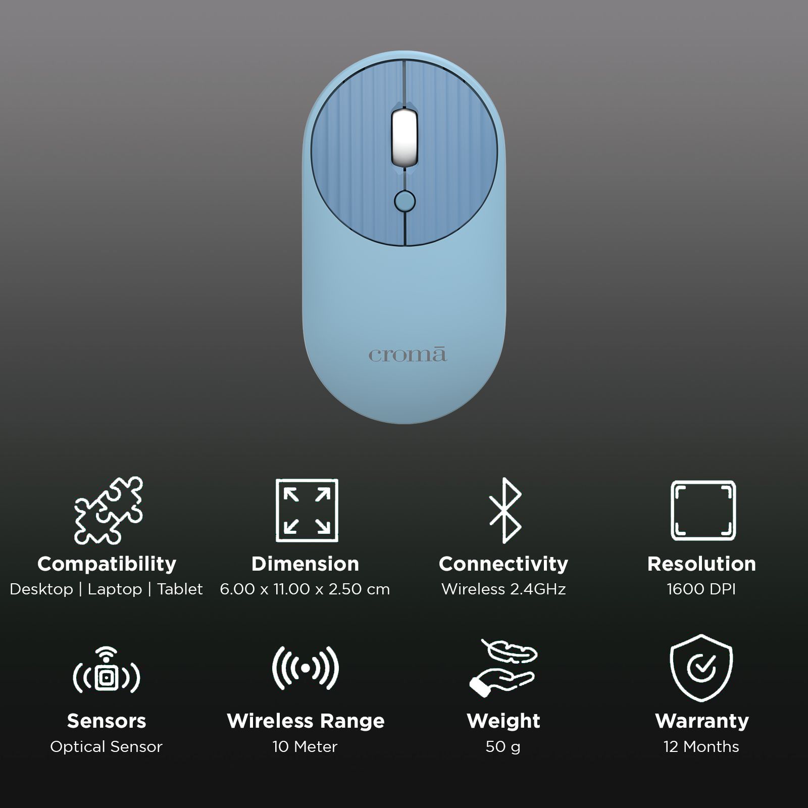 Croma 2.4 GHz Wireless Optical Mouse with Power Saving Feature (1600 DPI Adjustable, Ambidextrous Design, Blue) Croma 2.4 GHz Wireless Optical Mouse with Power Saving Feature (1600 DPI Adjustable, Ambidextrous Design, Blue)_2