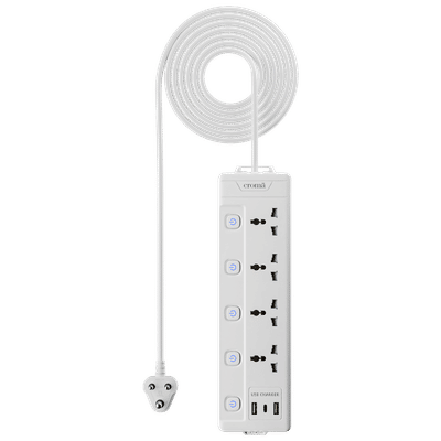 Croma 6 Amps 4 Sockets Surge Protector with Individual Switch (2 Meters, Child Safety Shutters, CRSP4WYSPA266202, White)