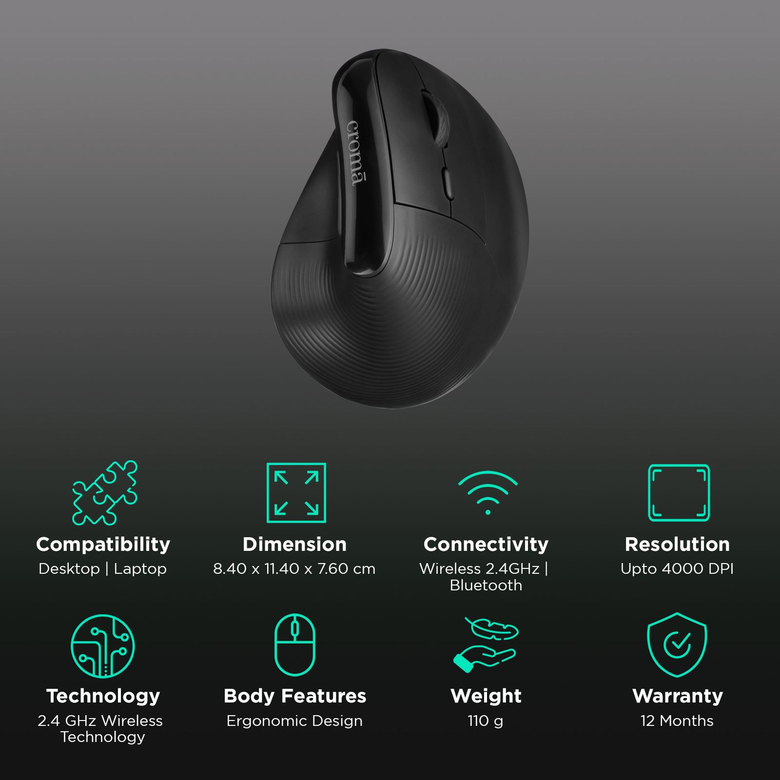 Croma Wireless Mouse with Ergonomics Design (4000 DPI Adjustable, 6 Buttons, Black)_2