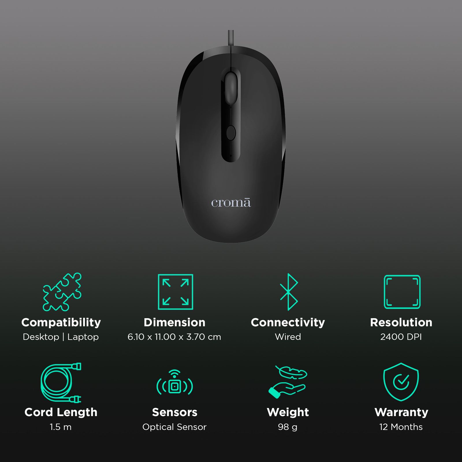Croma Wired Optical Mouse with 4 Buttons (2400 DPI Adjustable, Ambidextrous Design, Black) Croma Wired Optical Mouse with 4 Buttons (2400 DPI Adjustable, Ambidextrous Design, Black)_2