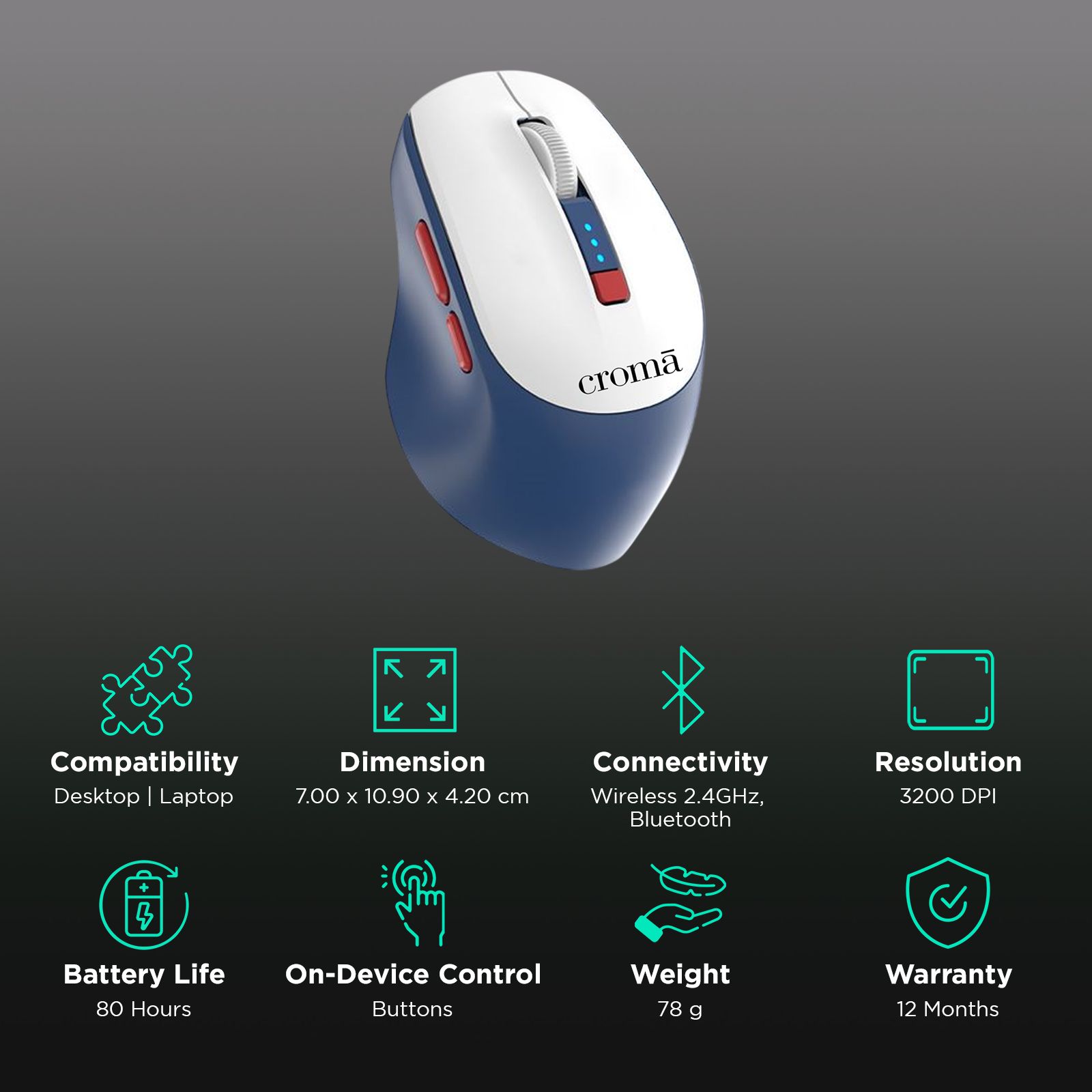 Croma Rechargeable Wireless Gaming Mouse with 6 Buttons (3200 DPI Adjustable, 80 Hours Battery Life, White) Croma Rechargeable Wireless Gaming Mouse with 6 Buttons (3200 DPI Adjustable, 80 Hours Battery Life, White)_2