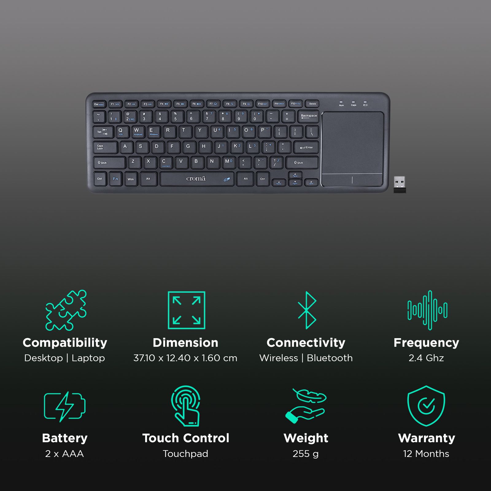 Croma 2.4 GHz Wireless Keyboard with Touchpad (Gesture Control Supported, Black)_2