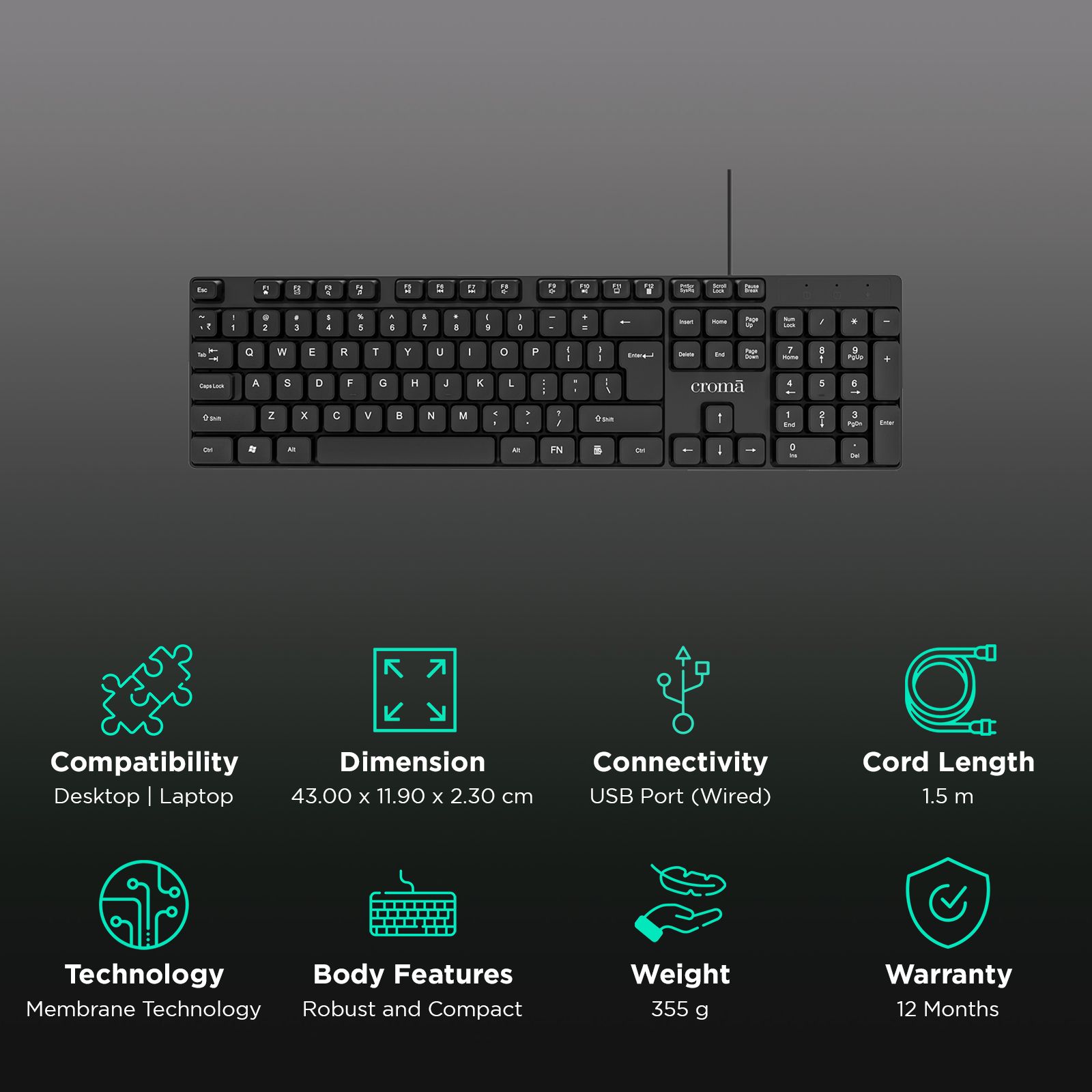 Croma Wired Keyboard with Multimedia Shortcuts (Robust & Compact, Black)_2