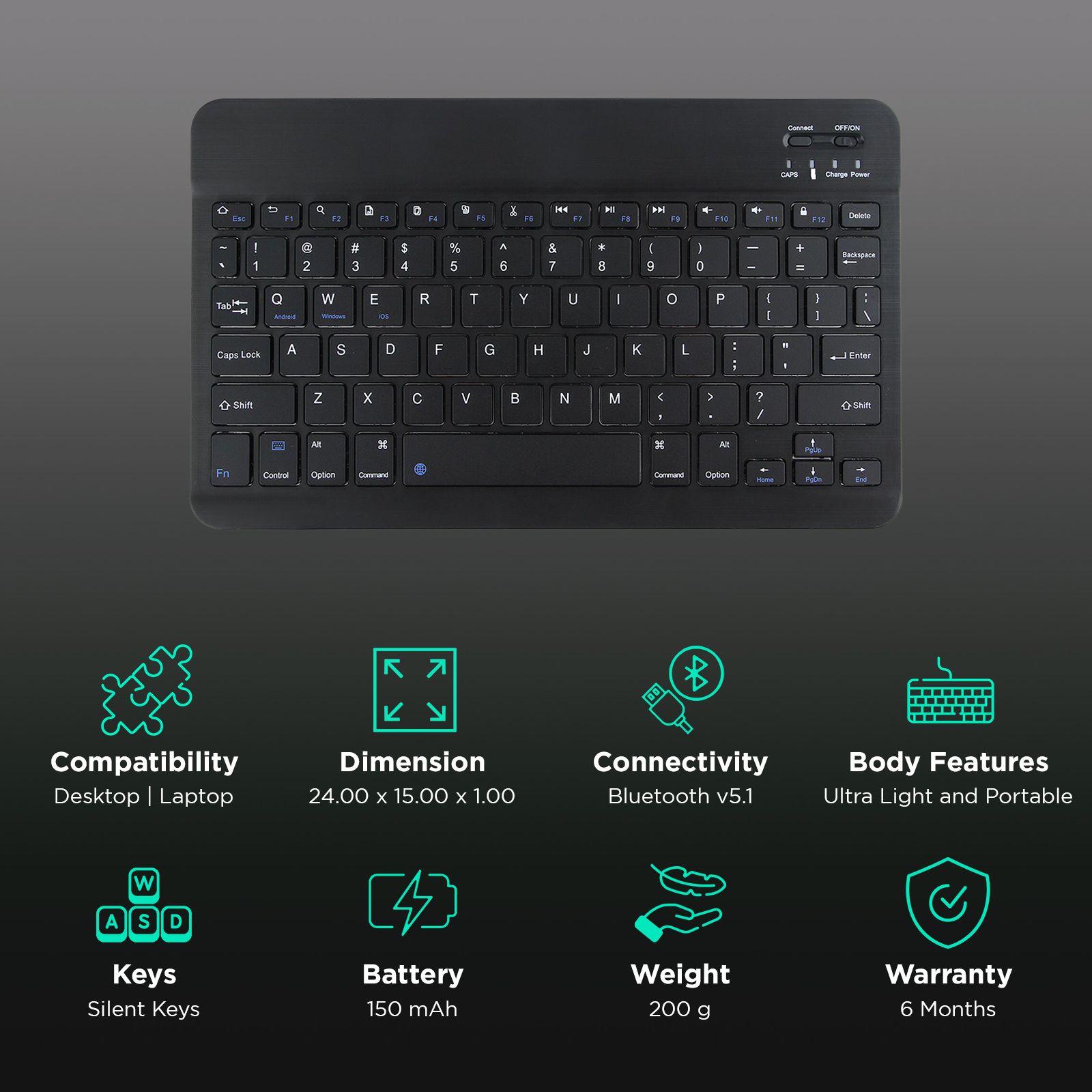Candytech KEYBEE Bluetooth Keyboard for 10 Inch Tablets (ABS Material with 78 Keys, Black)_2