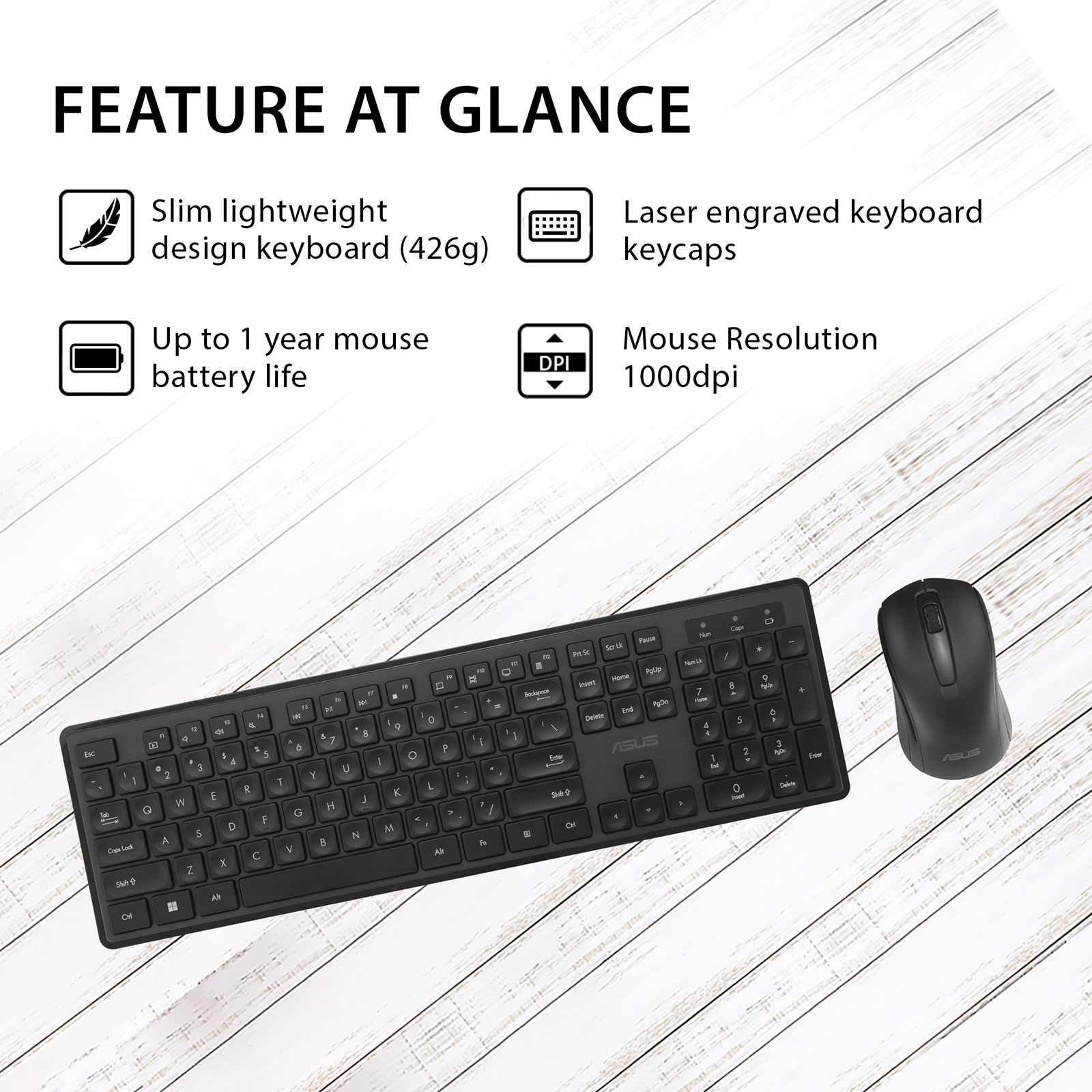 ASUS CW101 Wireless Keyboard & Mouse Combo (104 Keys, 1000DPI, Near Silent Operation, Black)_7