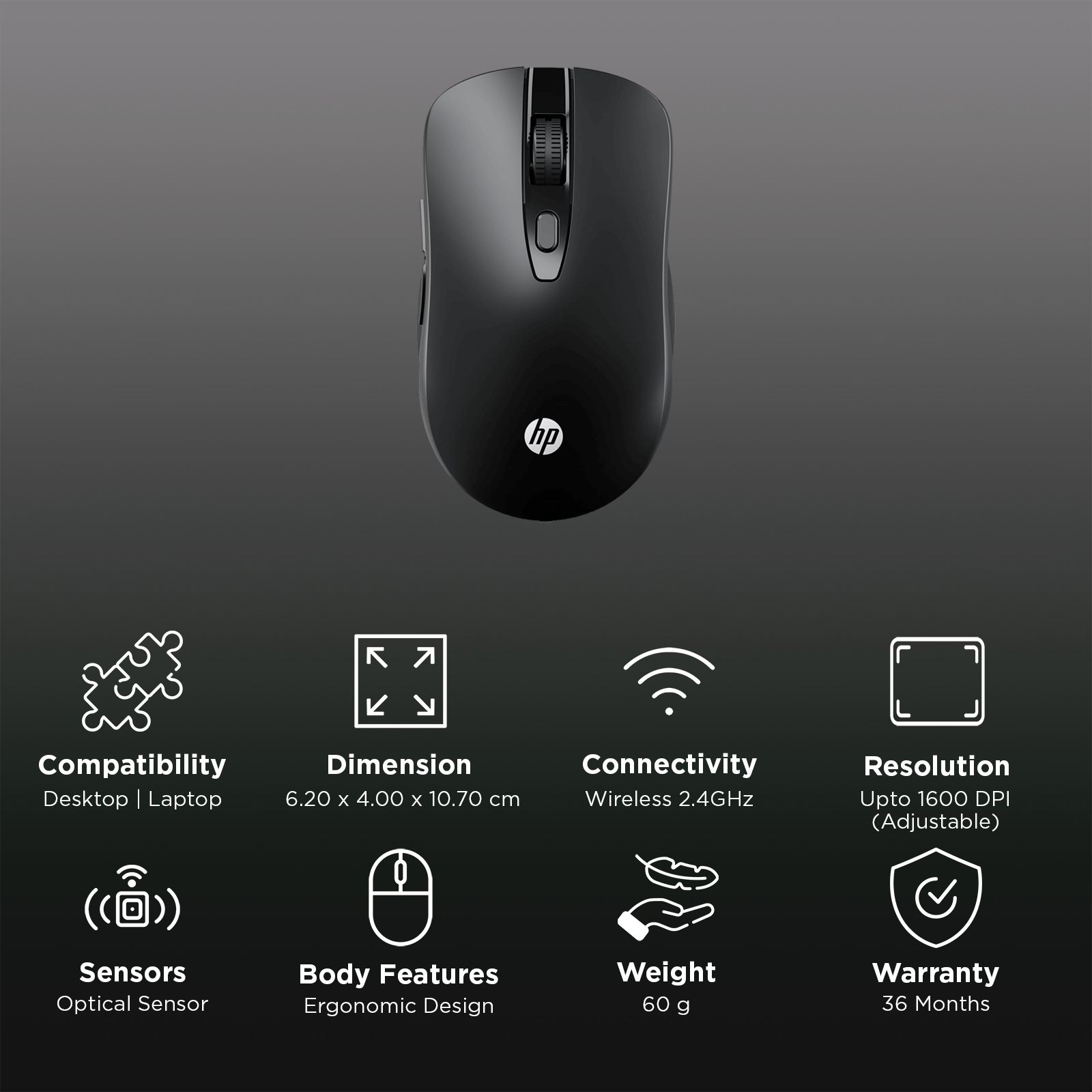 HP M190 2.4 GHz  Wireless Optical Performance Mouse (1600 DPI Adjustable, Ambidextrous Design, Black)_2