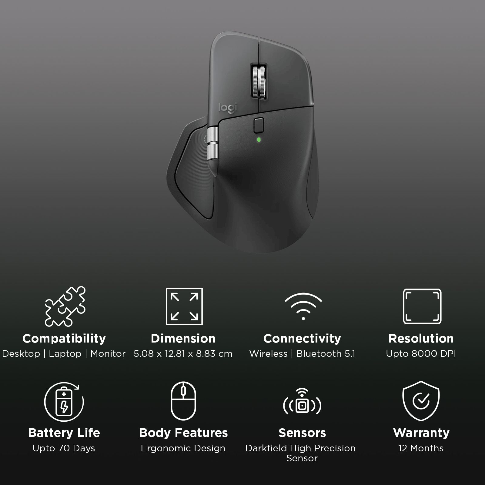 Logitech MX Master 4 Rechargeable Bluetooth 5.1 Wireless Optical Performance Mouse with Thumb Wheel (8000 DPI Adjustable, MagSpeed Scroll Wheel, Graphite) Logitech MX Master 4 Rechargeable Bluetooth 5.1 Wireless Optical Performance Mouse with Thumb Wheel (8000 DPI Adjustable, MagSpeed Scroll Wheel, Graphite)_2