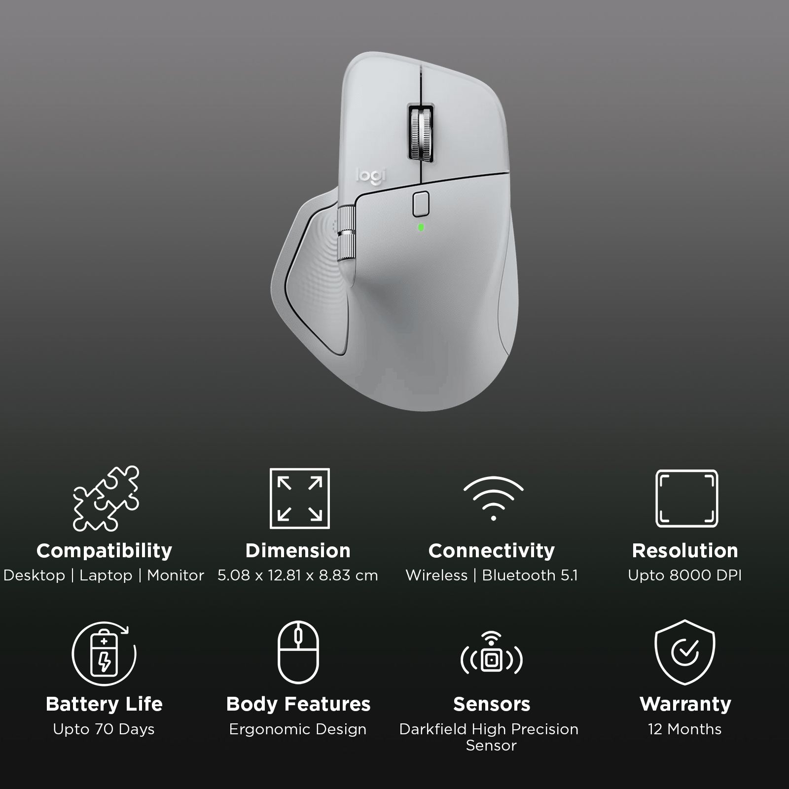 Logitech MX Master 4 Rechargeable Bluetooth 5.1 Wireless Optical Performance Mouse with Thumb Wheel (8000 DPI Adjustable, MagSpeed Scroll Wheel, Pale Grey) Logitech MX Master 4 Rechargeable Bluetooth 5.1 Wireless Optical Performance Mouse with Thumb Wheel (8000 DPI Adjustable, MagSpeed Scroll Wheel, Pale Grey)_2