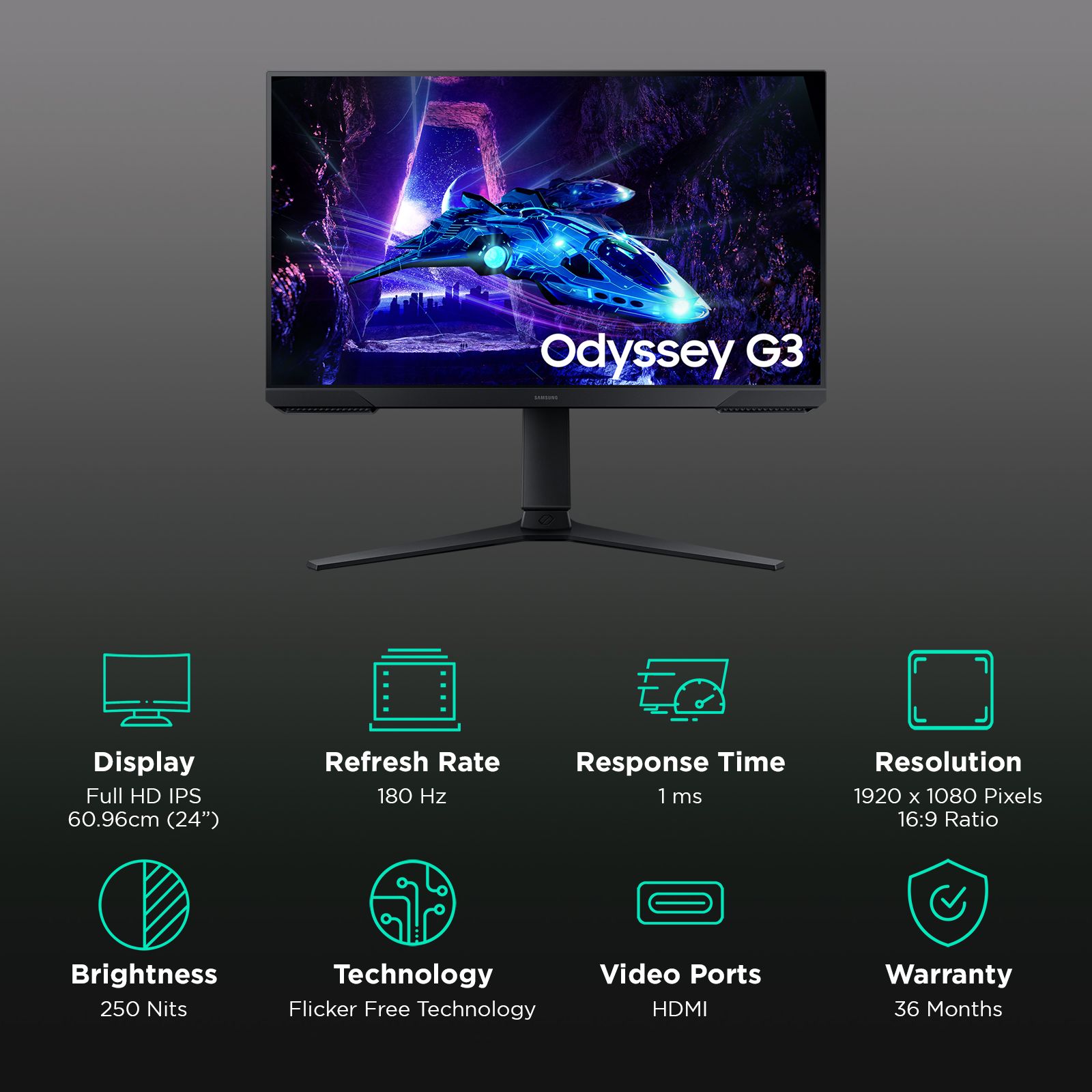 SAMSUNG Odyssey G3 60.96 cm (24 inch) Full HD VA Panel IPS Gaming Monitor with AMD Freesync_3