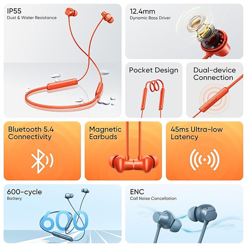 realme Buds Wireless 5 Lite Neckband with Environmental Noise Cancellation (IP55 Dust & Water Resistant, Dual Device Connection, Cyber Orange)_7